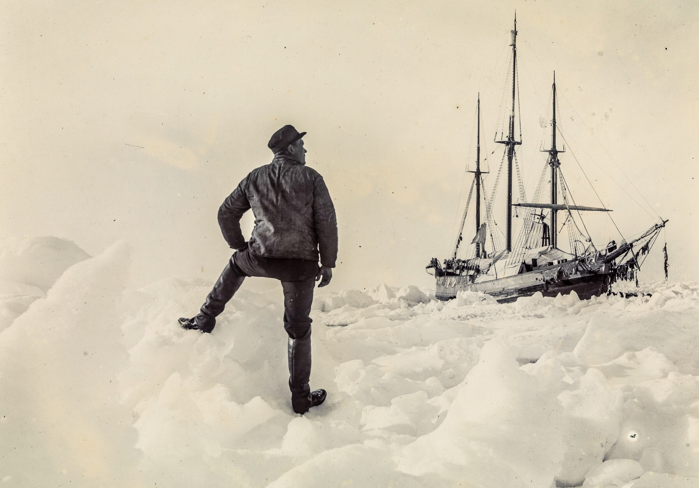 Nansen looking at his ship Fram locked in arctic ice.  Before his expedition in 1893, more was known about the moon’s surface, than the area north of 85°&nbsp;latitude. ©National Library of Norway