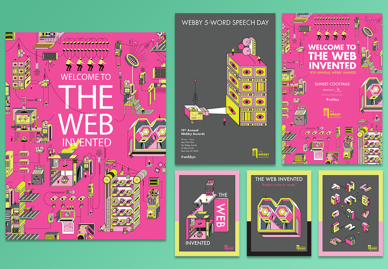 Working with CP+B & The Royals/ Degrau we created a campaign for the show focused on our theme “Welcome to the Web Invented.” The illustrations focused on pillars of the internet (Youtube, Twitter, Instagram, etc) recreated as machines being powered by humans. The bold color palette was accentuated with Pantone ink to make the invitations and posters “pop” in the room. I then took these machines and translated it into all ads, way signage and to the screens of the show.