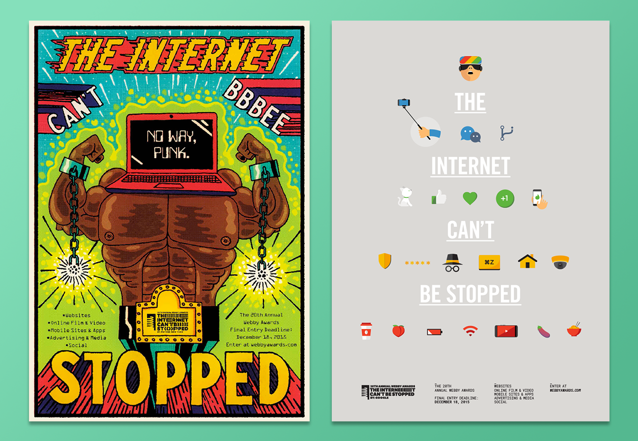 We gave the companies a short brief, the logo lockup, and freedom to interpret the theme however they wanted. The range of posters varied and in some cases mirrored each other; all 20 are shown below, the two above are from MOTHER NYC (left) and Google (right).