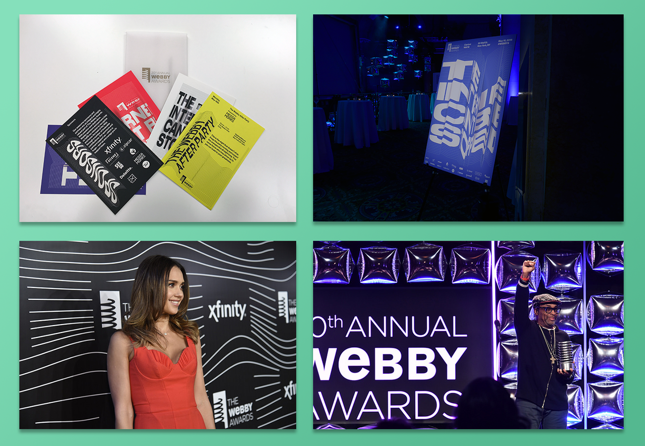 A few photos of the invite package (top left), show signage (top right), The Red Carpet Step & Repeat (bottom left) and Awards stage, designed by David Korins, (bottom right). You can see more of the show and lead up on the Webby Flickr: Show photos , and Sunset Cocktails .