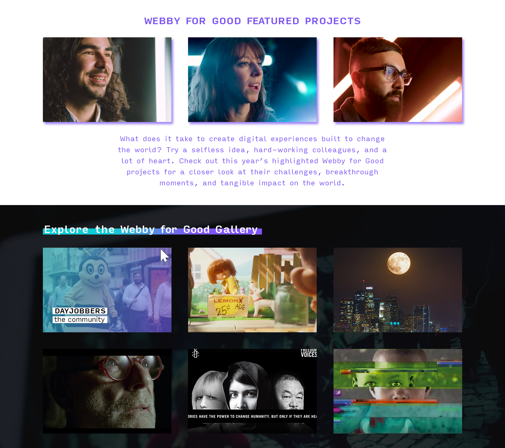 2019 Webby for Good website revamp - Features and gallery