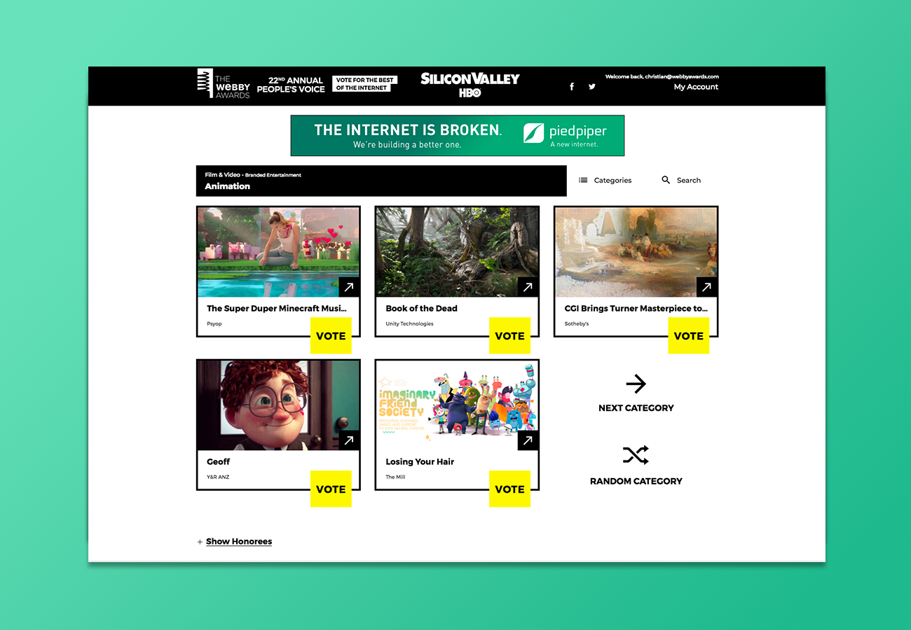 Our main focus was giving each project a bit more space to breath and room to show the project, our previous version had a narrower image field and was difficult to rearrange for mobile. Working with the designer Jeff and I guided the design to our newest iteration of the voting site.