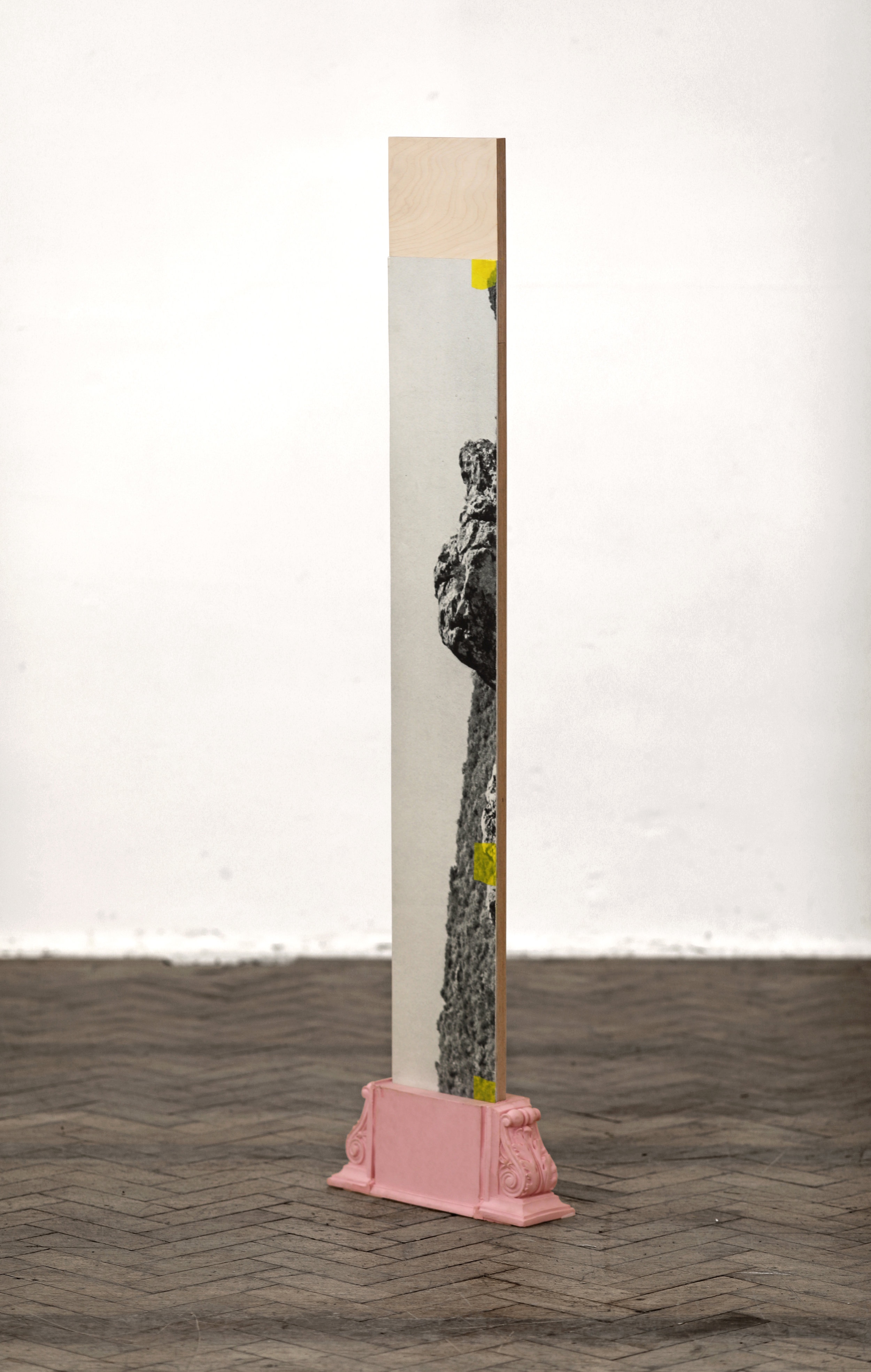   what is not, or is no longer, or is not yet   Hahnemüle print, silicon, tape, aluminium and birch plywood  153 x 40 x 11 cm  2019 