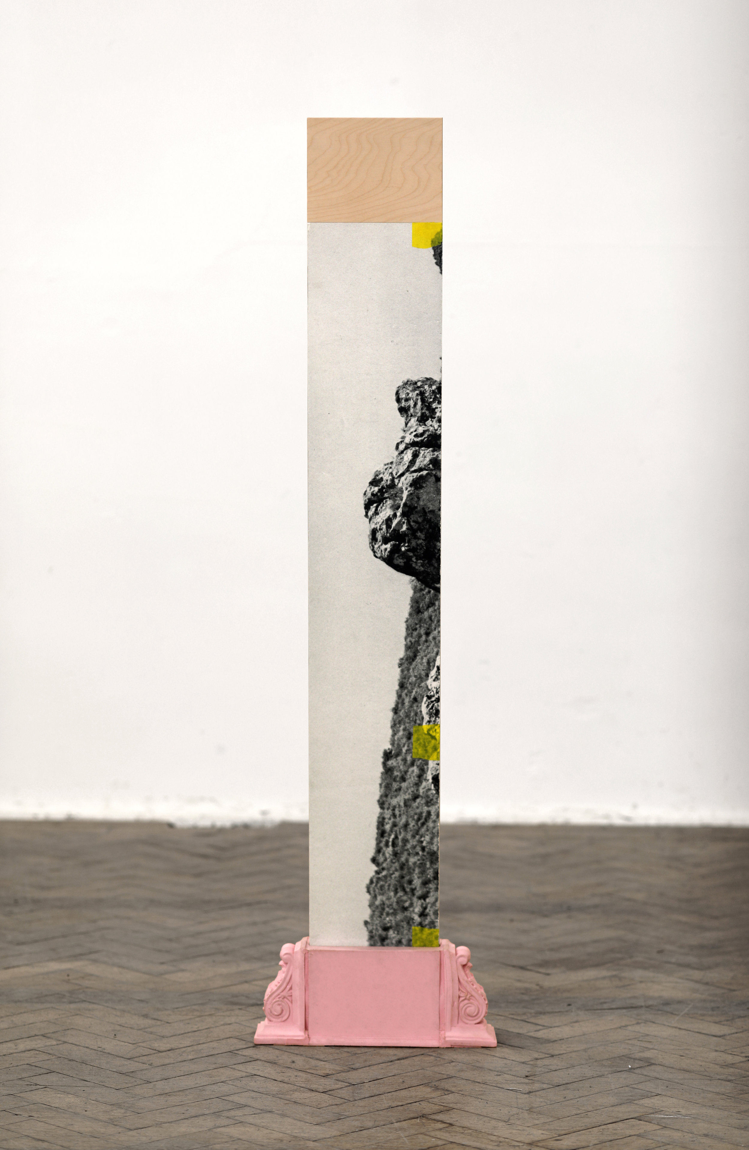   what is not, or is no longer, or is not yet   Hahnemüle print, silicon, tape, aluminium and birch plywood  153 x 40 x 11 cm  2019 