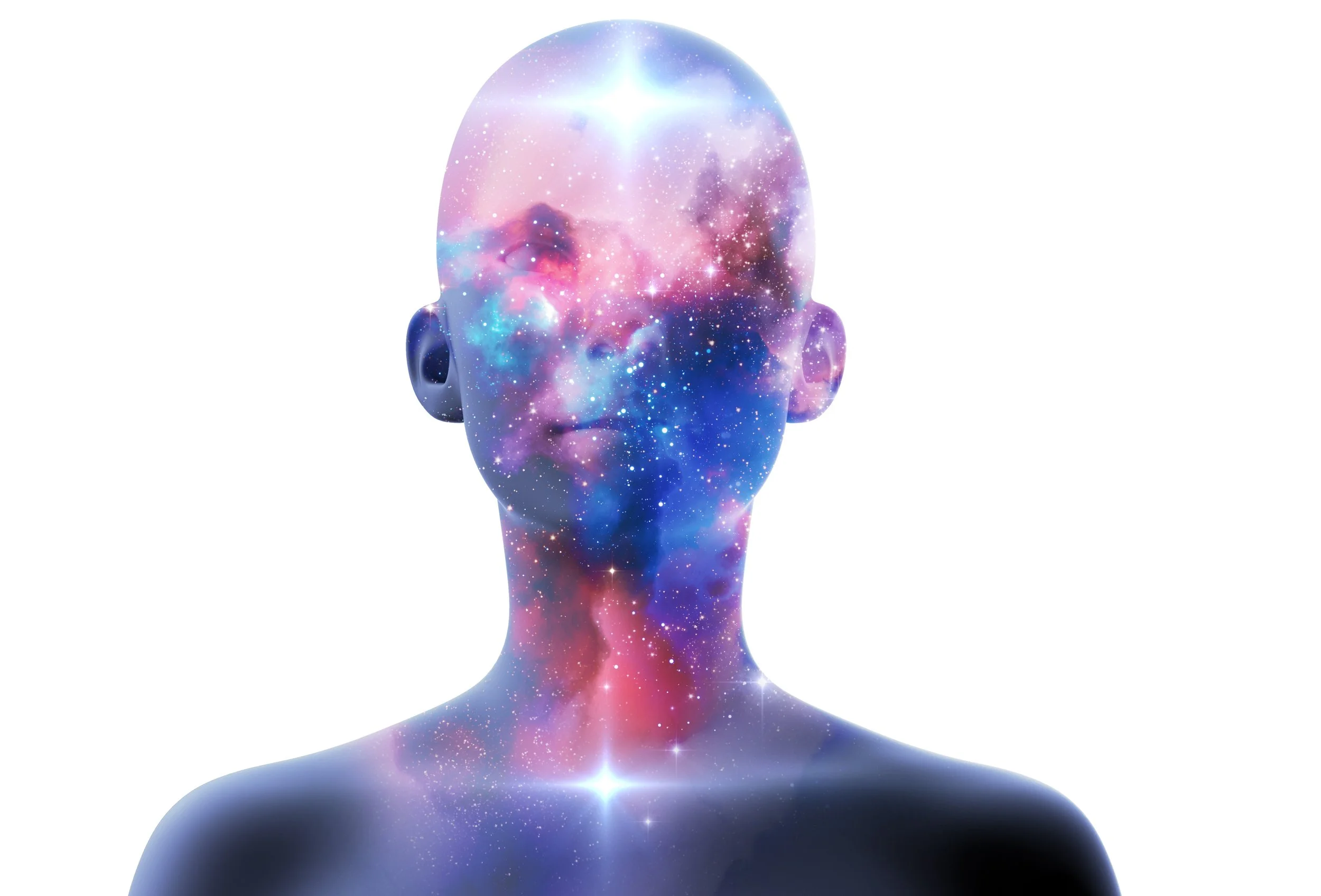 silhouette of virtual human with aura chakras on space nebula 3d