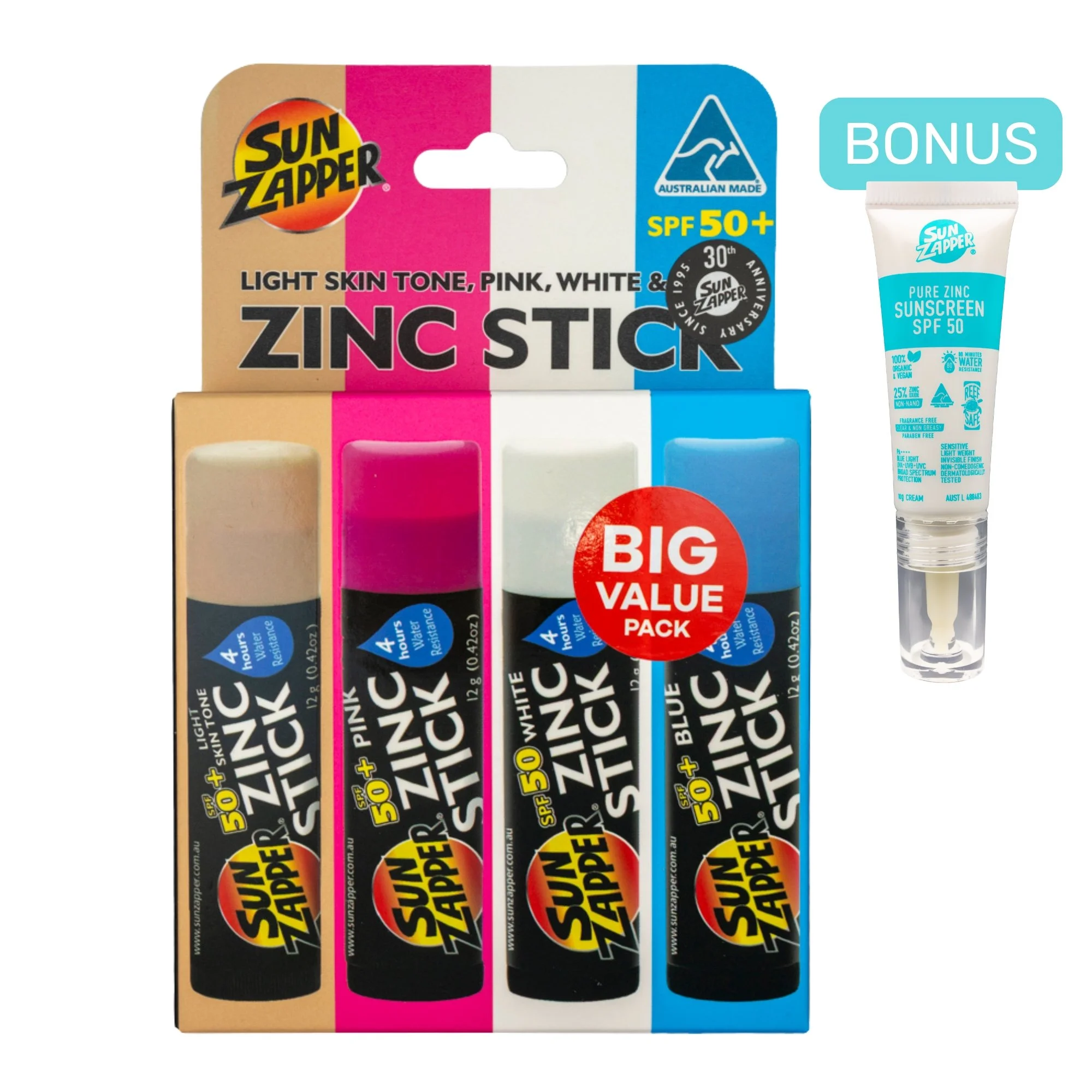 Beach Pack: Light Skin Tone, Pink, White & Blue Zinc Stick SPF 50+