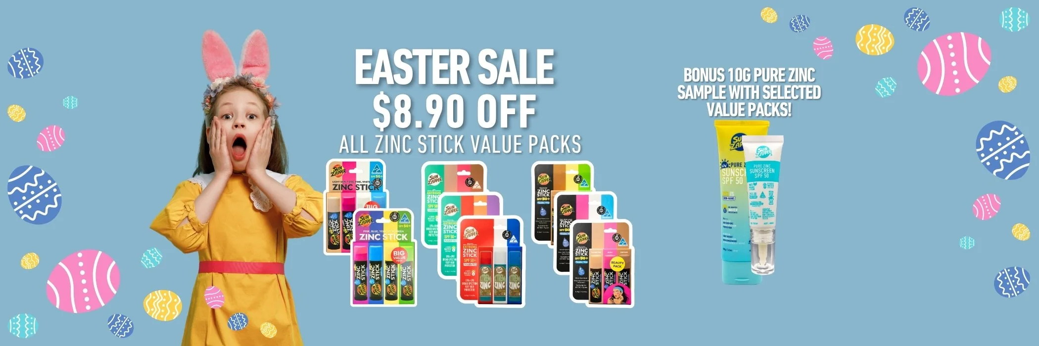 Young girl wearing bunny ears and a yellow dress with pink sash, with hands on face, celebrating Easter sale on zinc stick packs with colorful packaging, on a blue background with scattered Easter eggs.