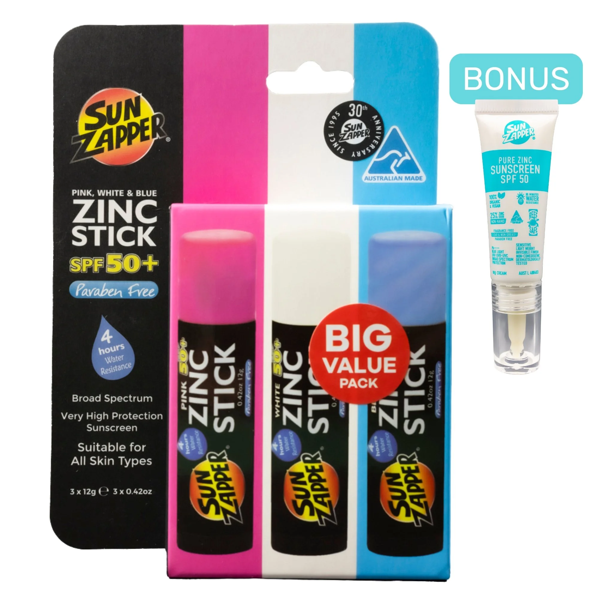 Pink, White & Blue Pack Zinc Stick SPF 50+