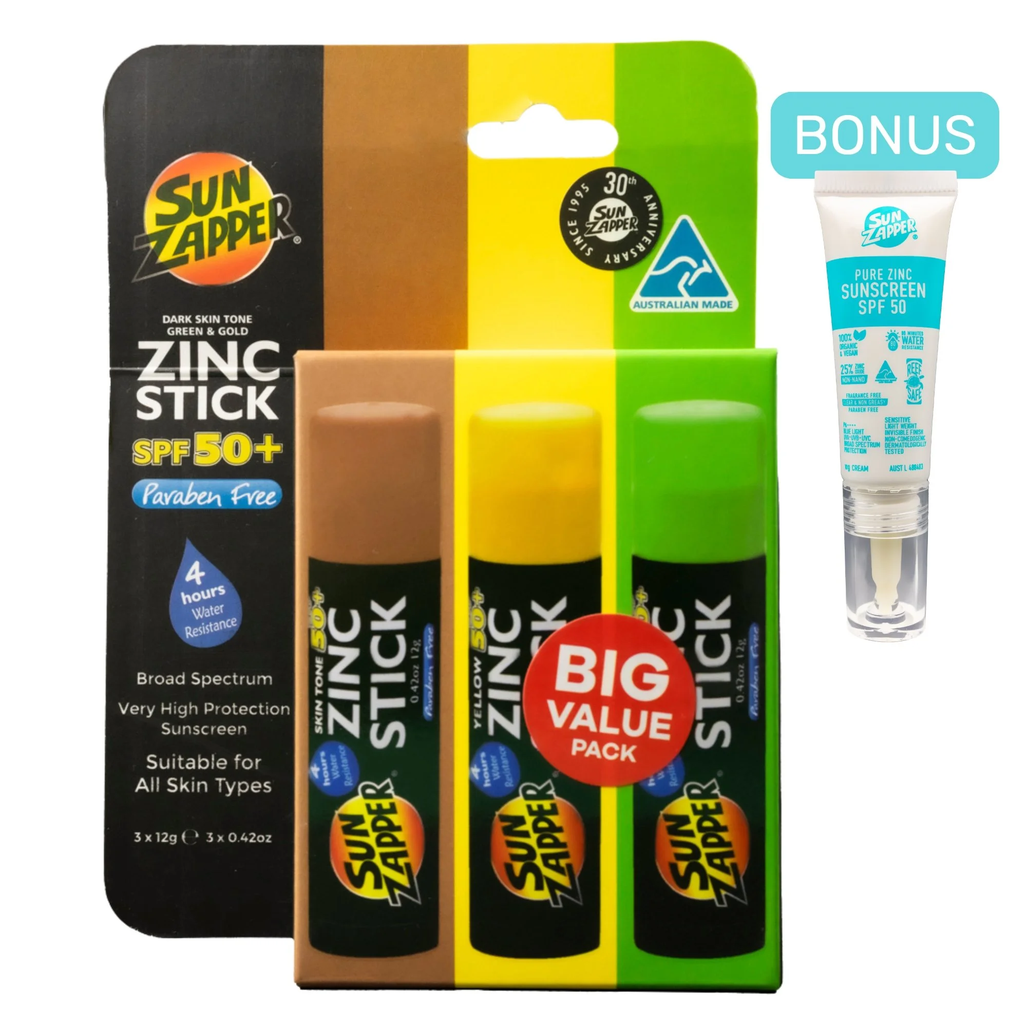 Skin Tone, Green & Yellow Pack Zinc Stick SPF 50+