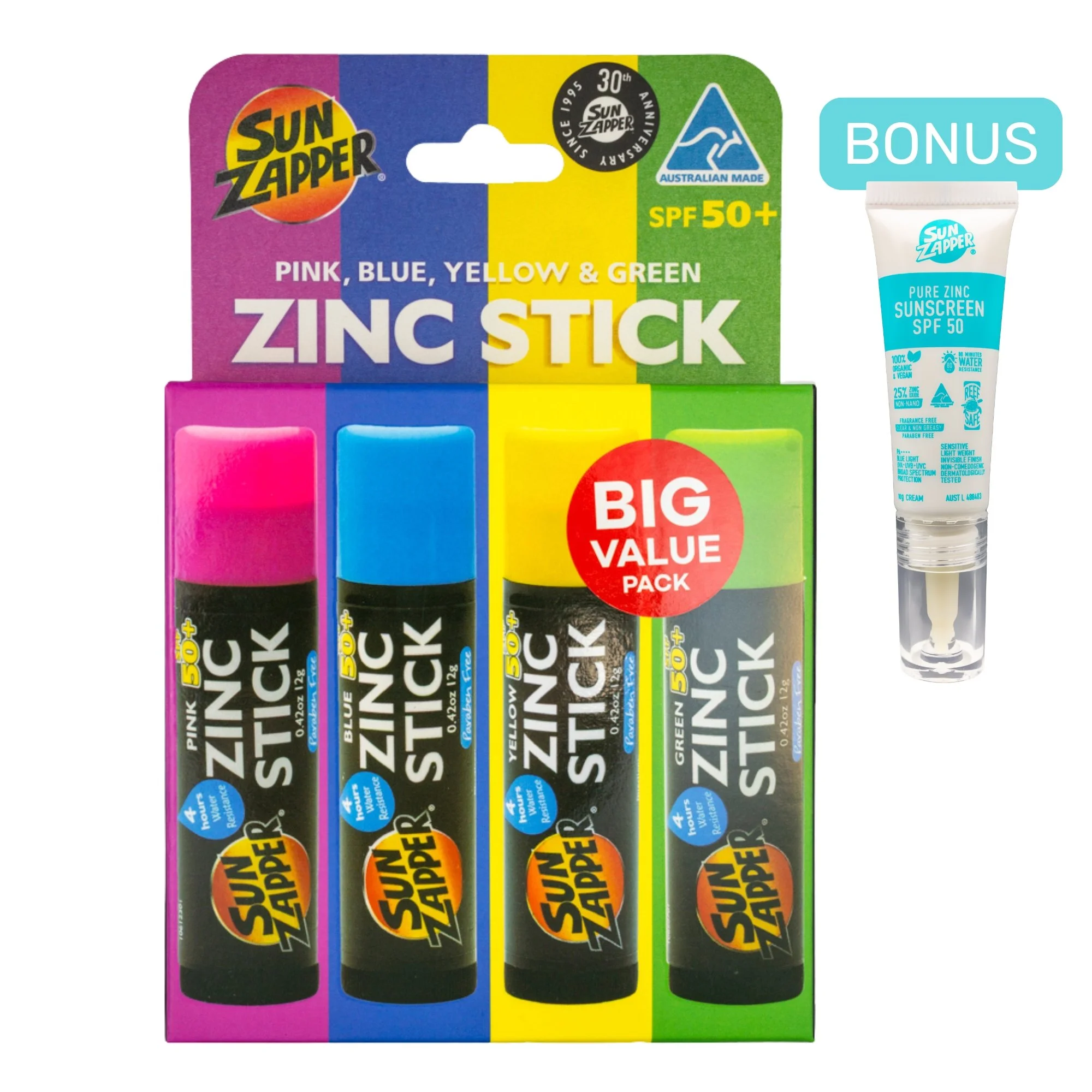 Rainbow Pack: Pink, Blue, Yellow & Green Zinc Stick SPF 50+