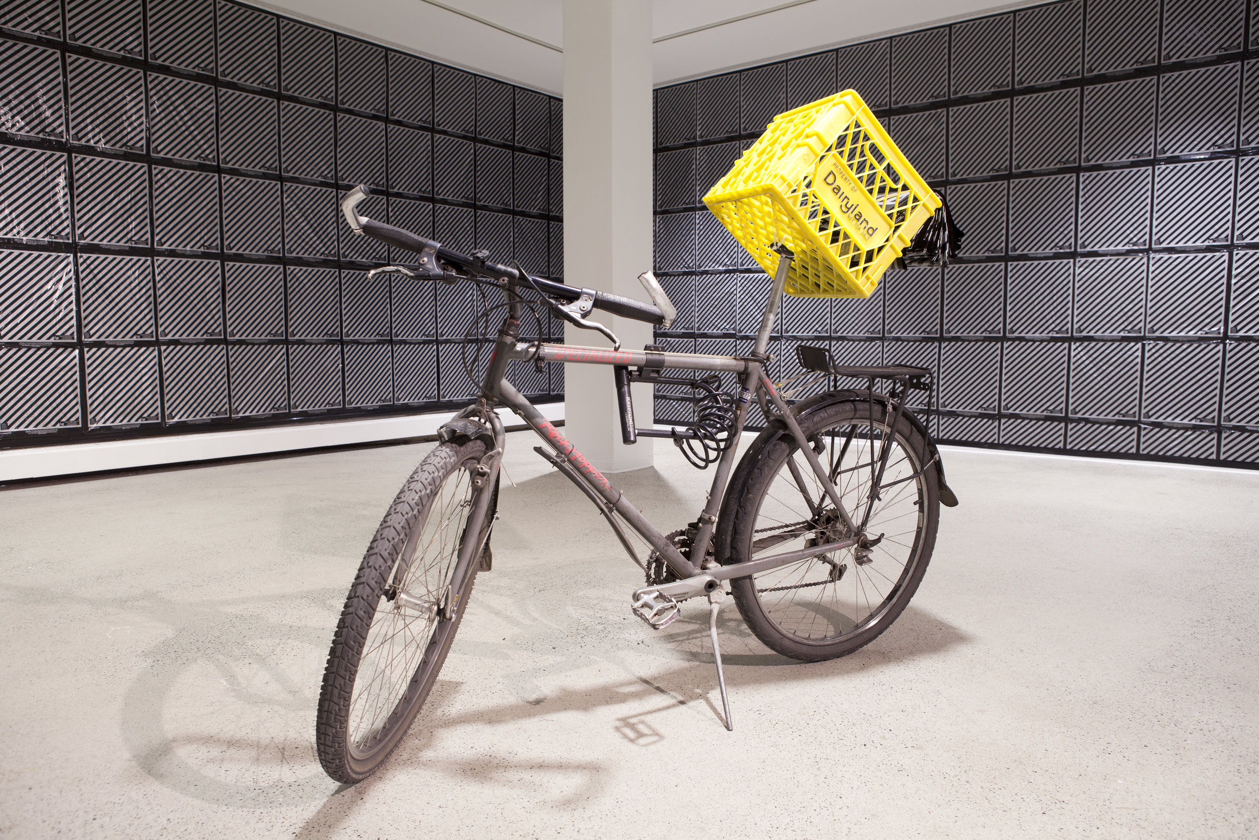  Installation view:&nbsp;Bicycle, 2000 Lagmitz shopping bag, Gareth James's Art Work, " Lagmitz (PRIMBB)" , Dairy Basket 