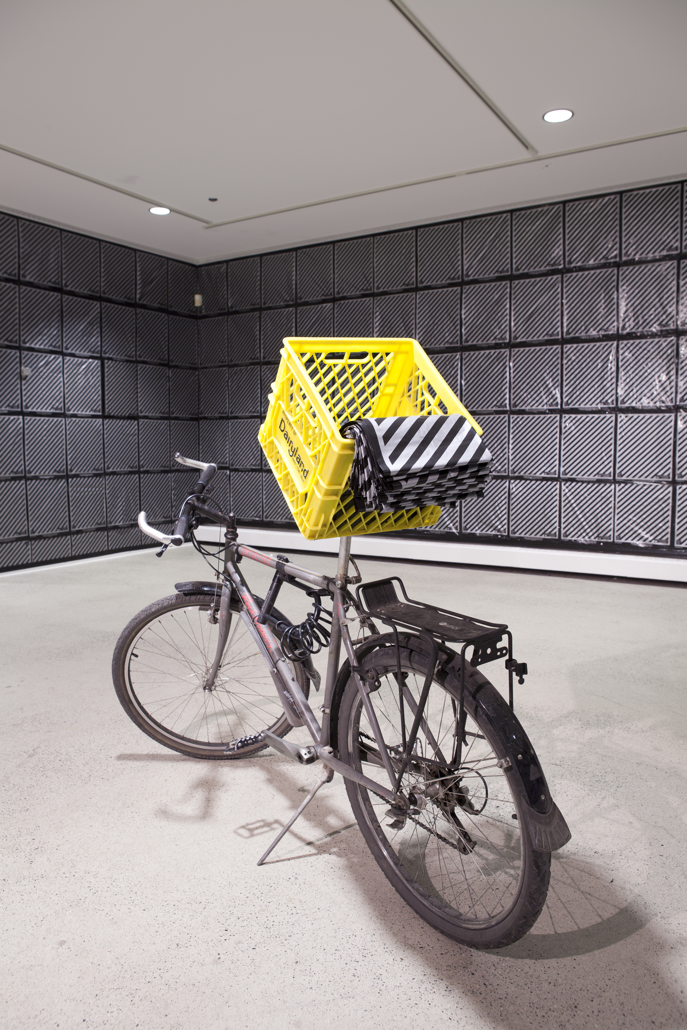  Installation view:&nbsp;Bicycle, 2000 Lagmitz shopping bag, Gareth James's Art Work, " Lagmitz (PRIMBB)" , Dairy Basket 