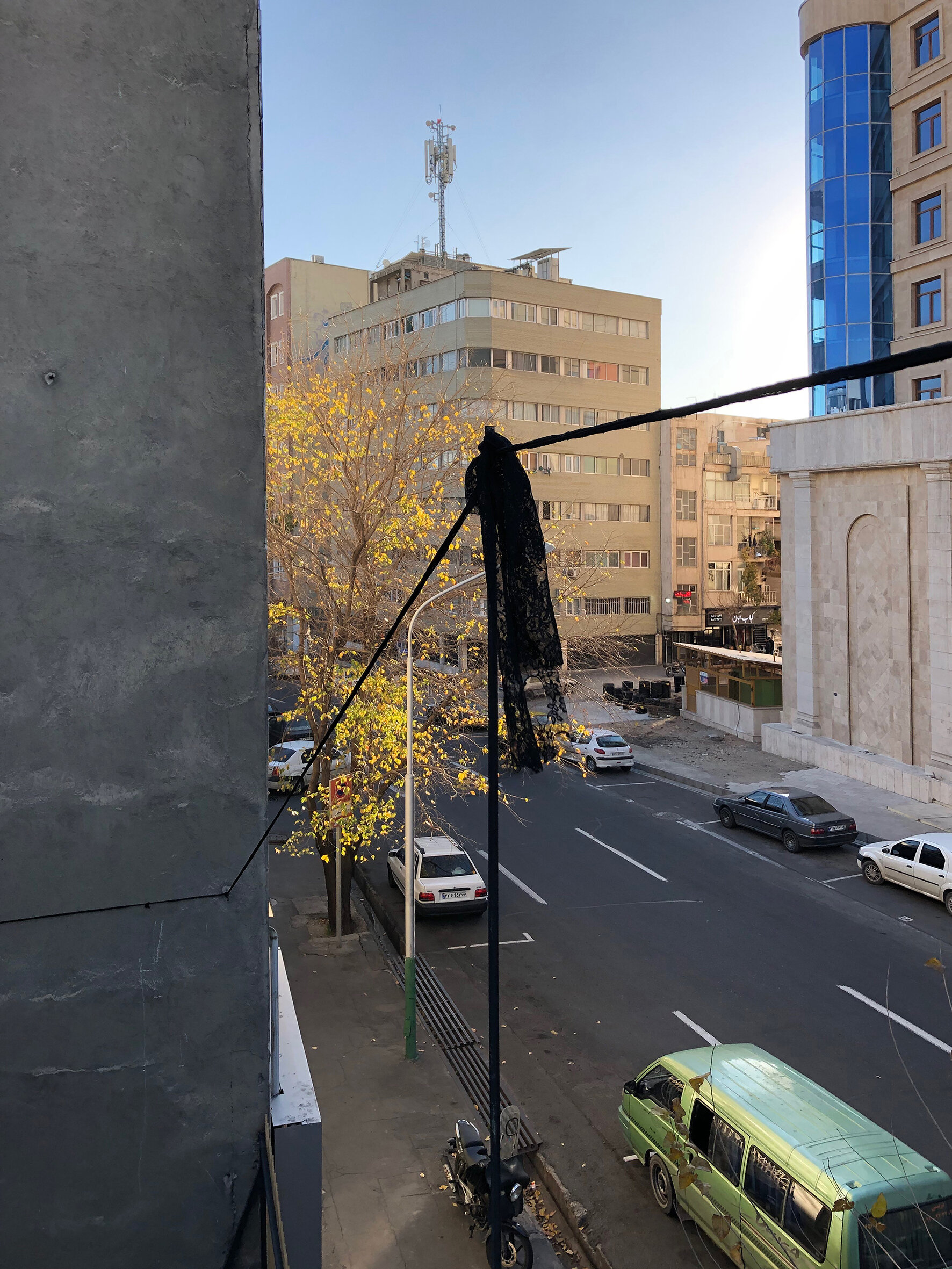  Untitled (Territory of the Semiotic)  49 meters of lace, 4 iron rods, 2 hooks Installation (بدون عنوان (قلمروامرنشانه شناختی  *Formally, similar to the usage of an  Eruv  in Judaism, a 49 meters long rope mad of the same lace used in the entire inst