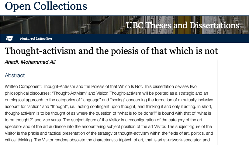   PhD, Dissertation  Ali Ahadi:  Thought-Activism and the Poiesis of That Which Is Not   