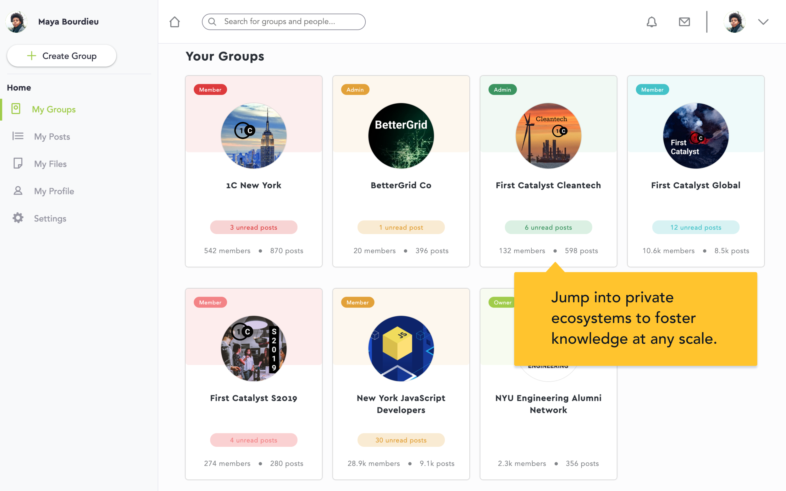 The Home dash lets people jump in and out of any of their private groups, each with unique membership and content.
