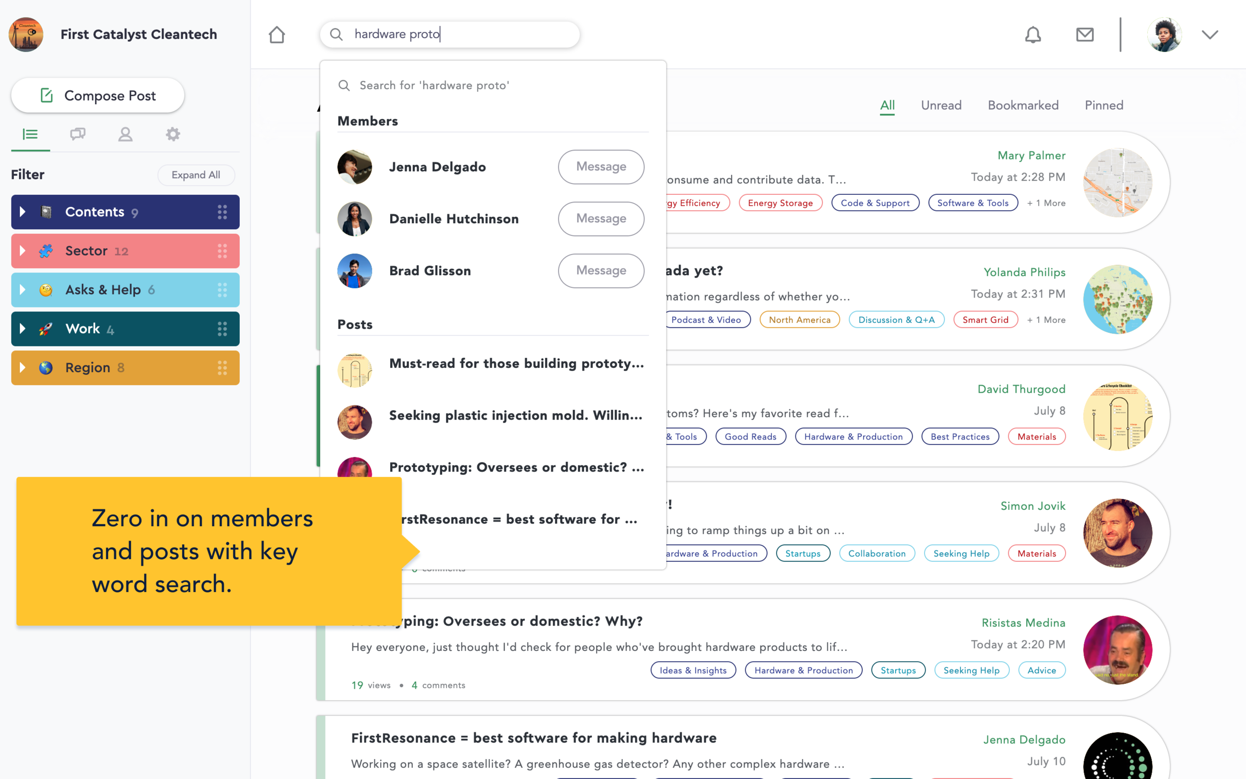 Search within groups returns group members and relevant posts associated with the given key words.