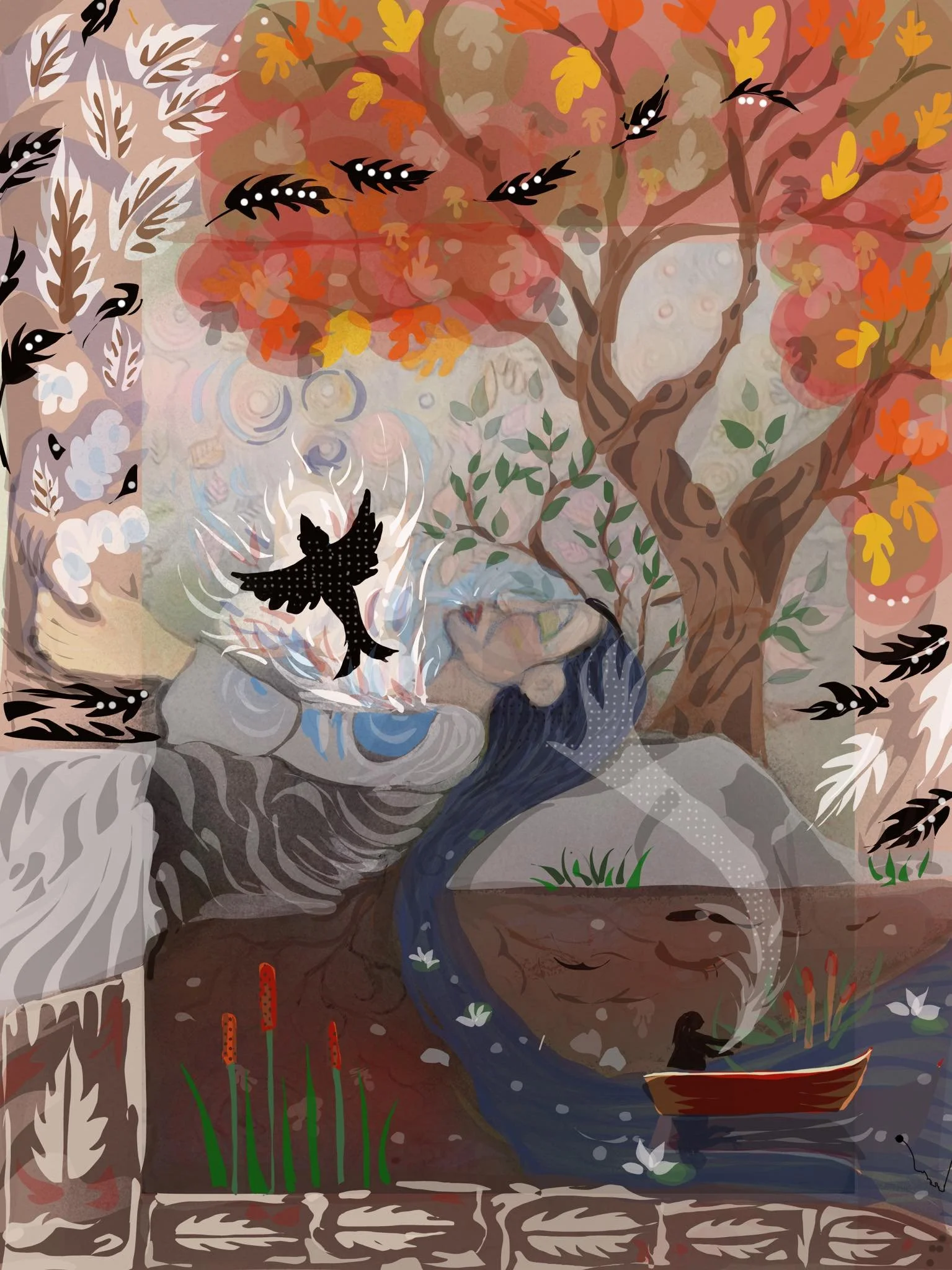 Image of Figure Reclining by Tree with Bird Emerging. Art created by Nancy Clothier. Copyright belongs with the artist. Used with permission.