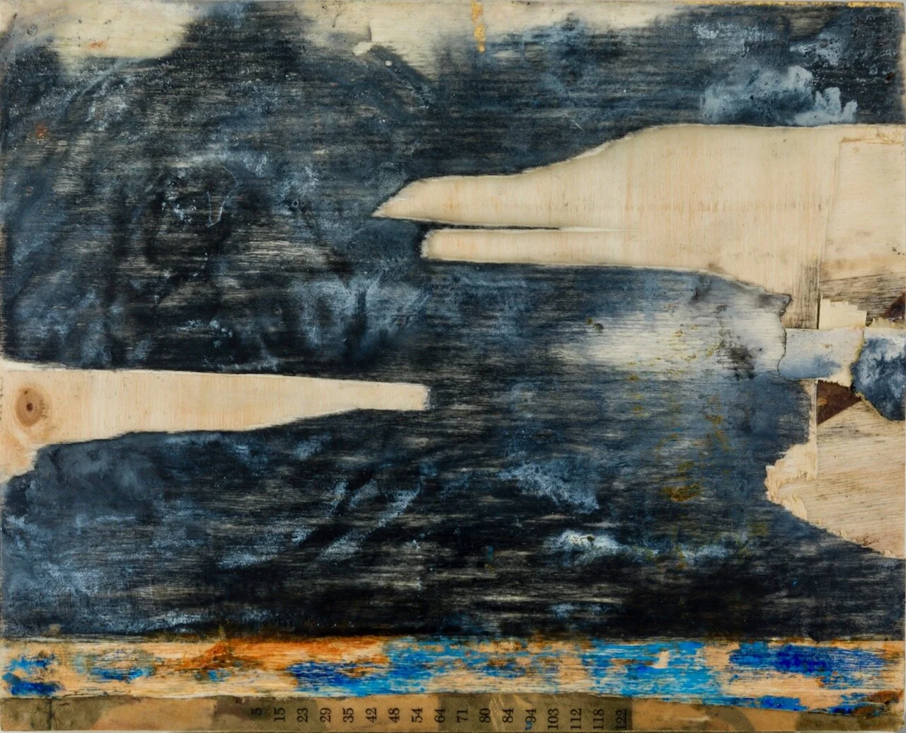 Abstract-landscape-sculptured-Piece O-artseries-innerscapes-Etats-encaustic-charcoal-vintage-paper-ink-gold-leaf-wood-panel-Artist-Anne-Brochu-Lambert-2017