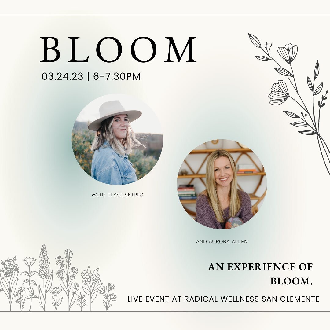THIS FRIDAY 6-7:30 pm at Radical Wellness San Clemente.

Join me and Aurora Allen as we celebrate Spring around us and within us.

Through experiential play, expressive art and somatic exploration we will practice embodying our blooming. Join us for 