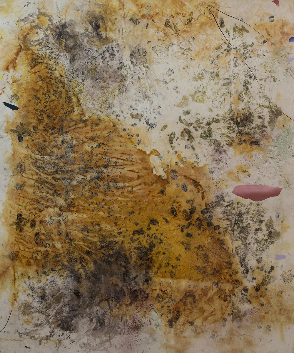 Gillian King, Sinister Dunes , 2019, Cold Wax Medium, Oil, Raw Pigments, Rust Sediments, and Various Plant Materials, (including Onion Skins, Roses, Sumac, and Wildflowers) on Canvas, 72” x 60” (183 x 152 cm)