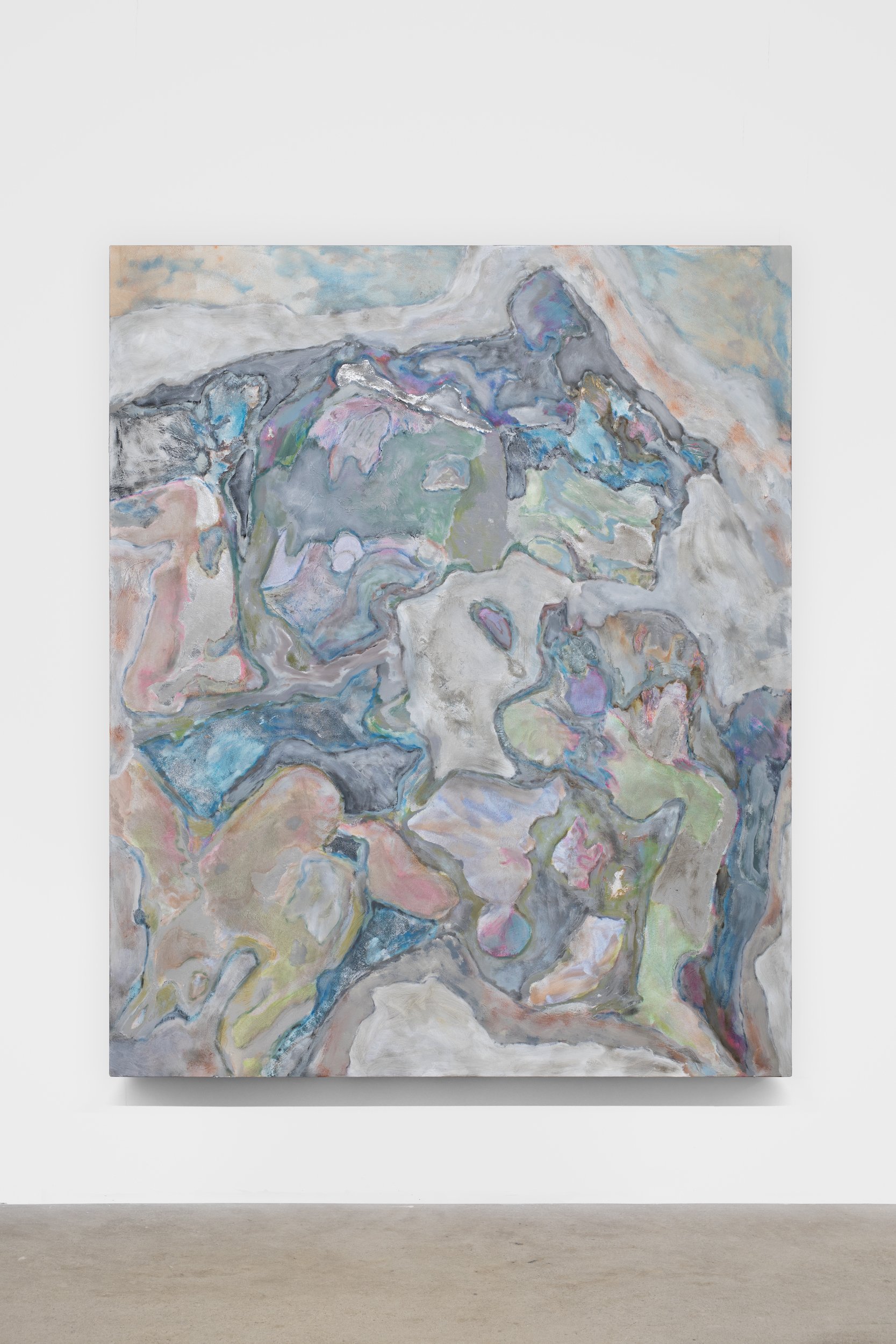  Laur P,  Always scanning minor magics’ leftovers , 2024, Oil, acrylic, aluminum leaf, and oil-based adhesive on canvas over panel, 182.9 x 152.4 cm  (72 x 60 ") 