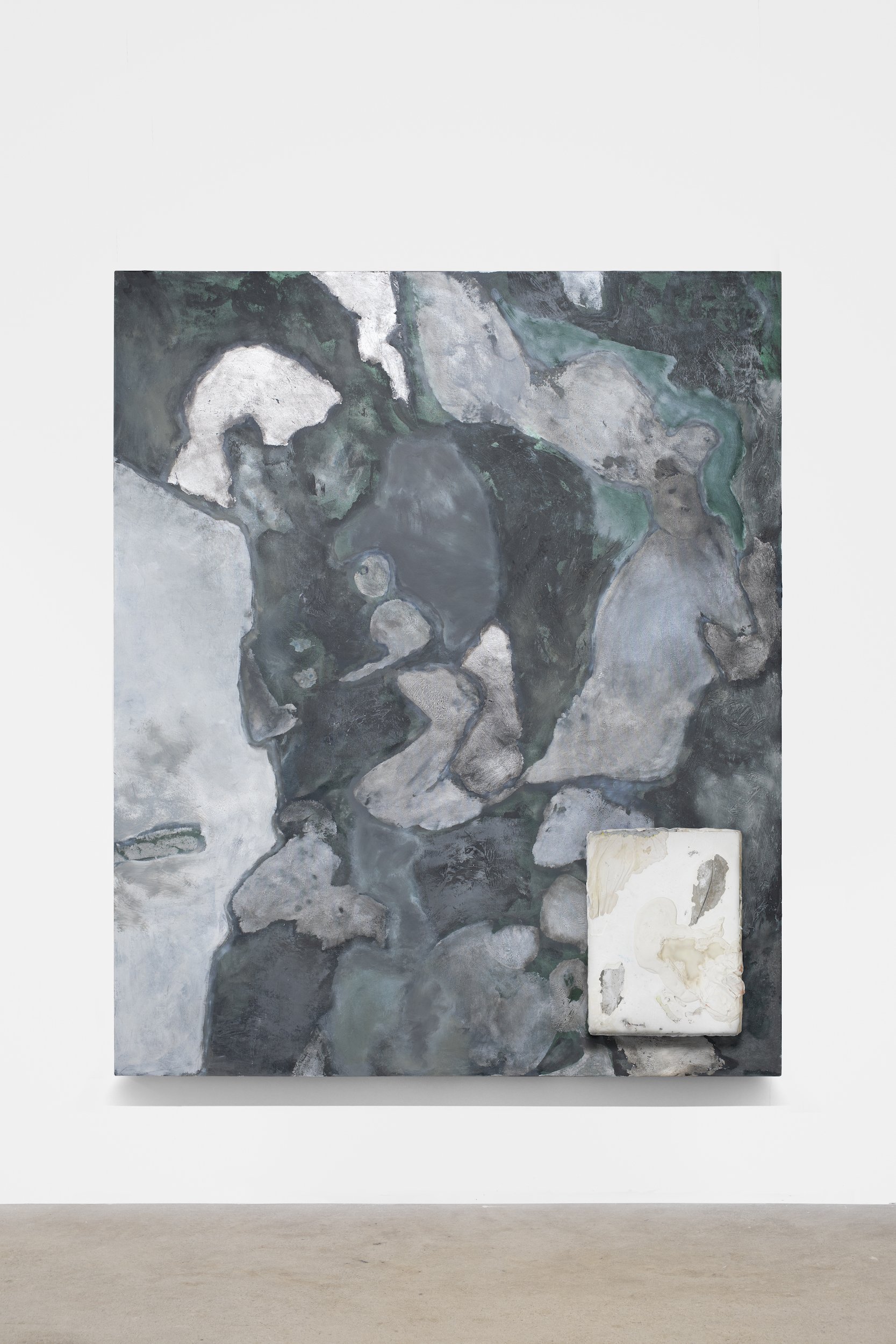  Laur P,  Between flowering machines , 2024, Oil, acrylic, aluminum leaf, and oil-based adhesive on canvas over panel, fragments of plaster and cement casts, plaster, trans tape, soy wax, dry pigments, paper pulp, solder metal, concrete sealant, oil-