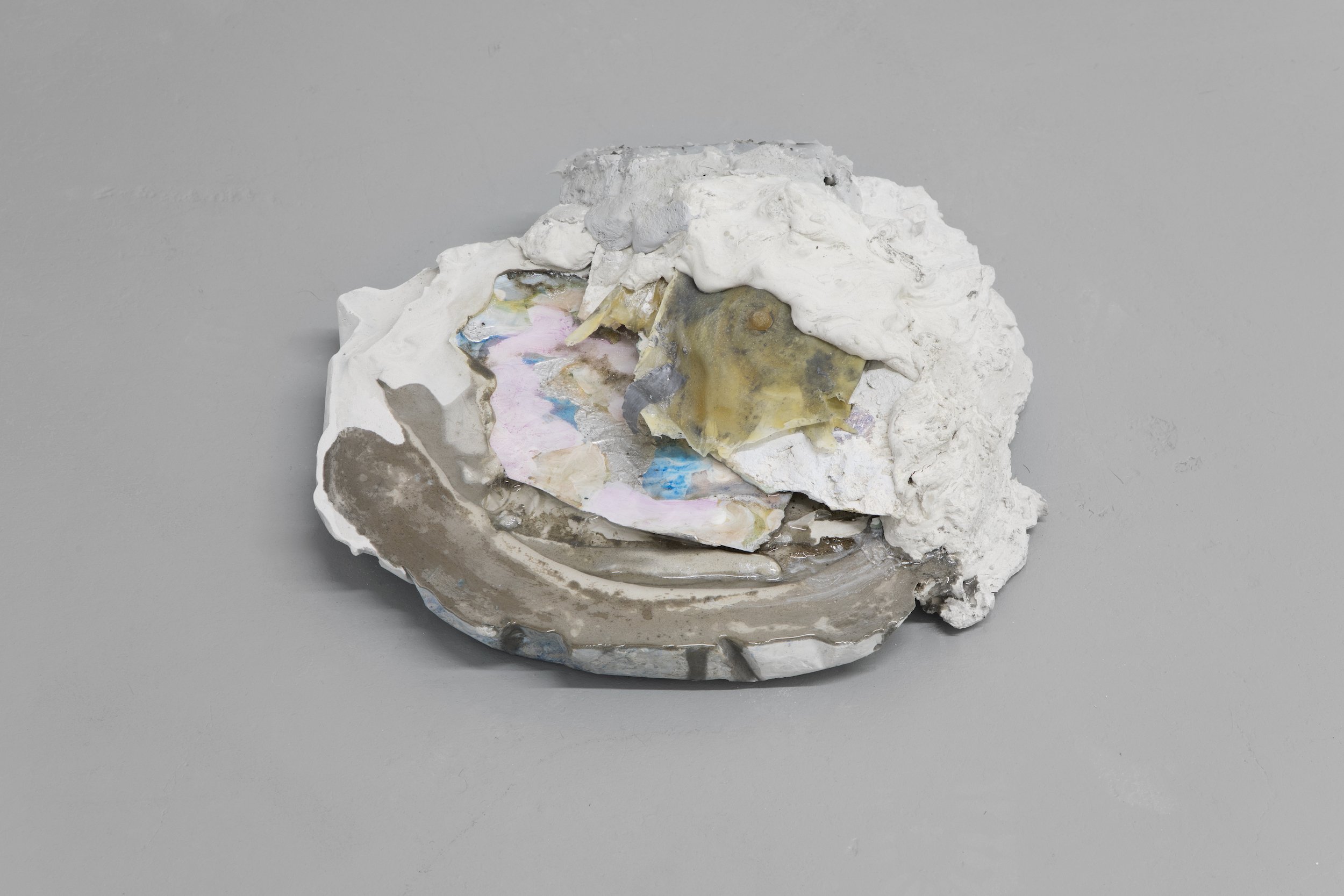  Laur P,  Offbeat ,  scratching at wordy membranes,  2024, Watercolour, acrylic and aluminum leaf on paper, plaster, epoxy resin, latex mold of abreast, silicone, metal chain puzzle, dry pigments, 39.4 x 33 x 12.7 cm  (15.5 x 13 x 5 ") 