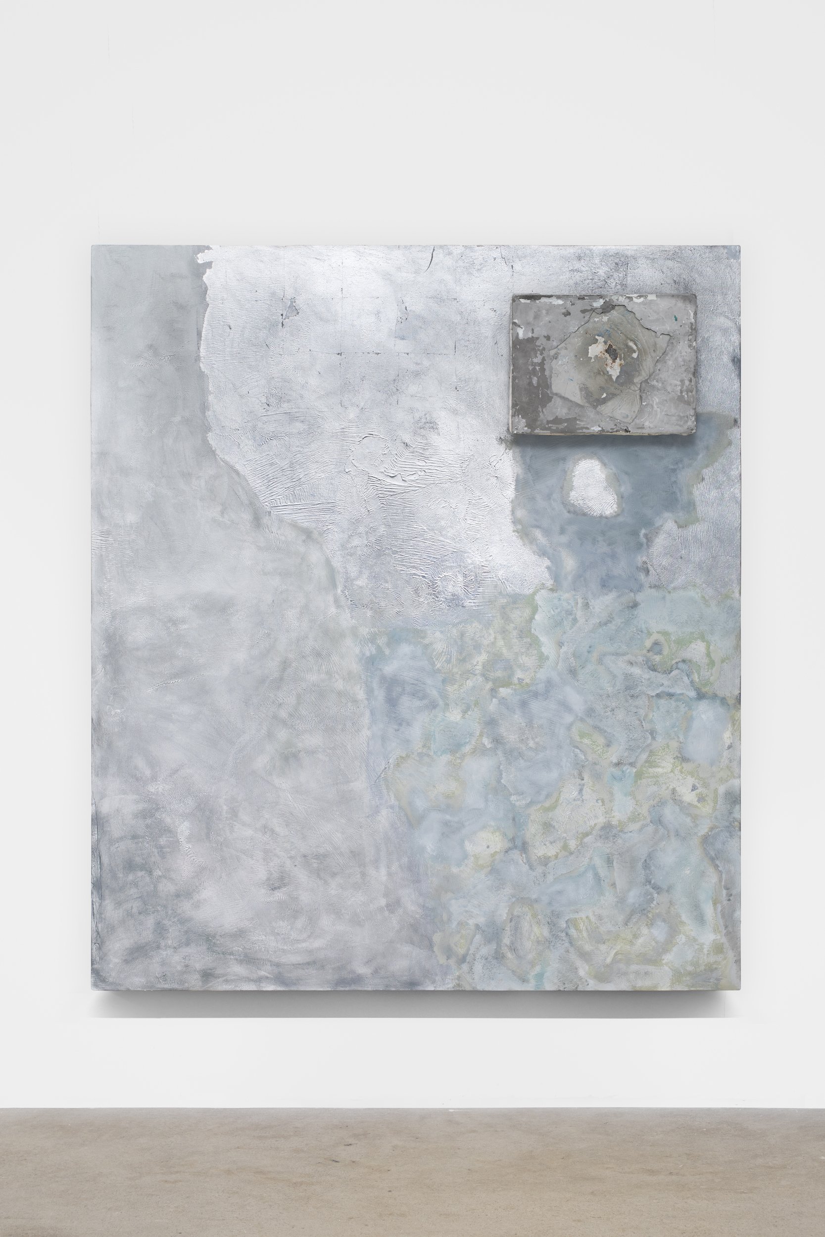  Laur P,  Our petrified shells never ceased to make room , 2024, Oil, acrylic, aluminum leaf, and oil-based adhesive on canvas over panel, fragments of plaster and cement casts, plaster, dry pigment, paper pulp, steel wool, concrete sealant, fibergla