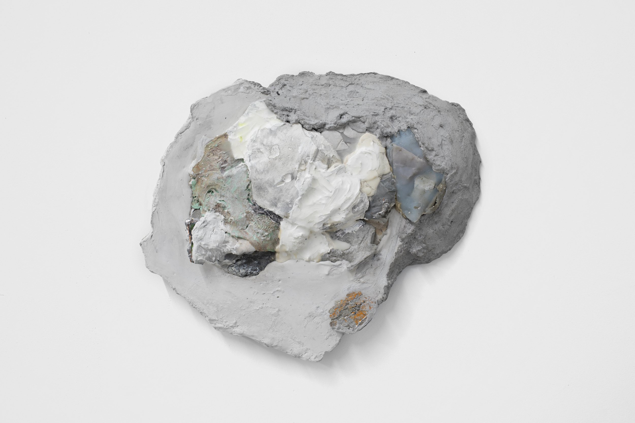  Laur P,  Remember the wake that came after the last attempt , 2024 Plaster of a hand, paper pulp, dry pigments, acrylic paint, soy wax, dried wild cucumber, metal can, piece of wine bottle, solder metal, silicone, receipt, latex mold of an oyster, c