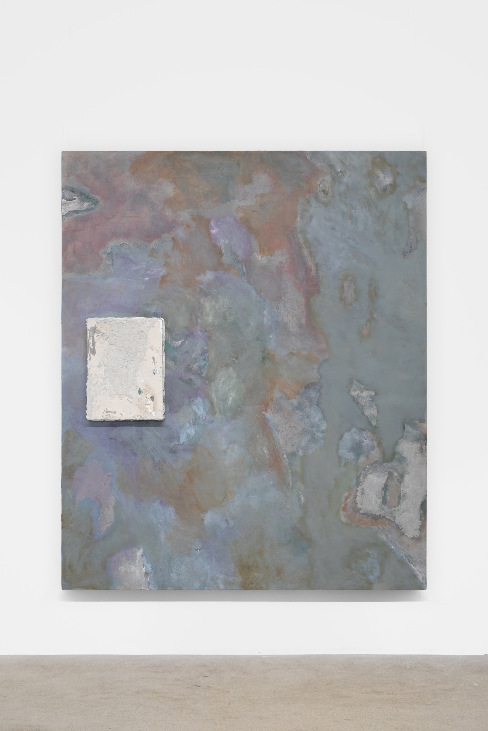  Laur P,  The figure’s rebirth unfolds in a leaky silence , 2024, Oil, acrylic, aluminum leaf, and oil-based adhesive on canvas over panel, fragments of plaster casts, plaster, dry pigments, paper pulp, cement, concrete sealant, plastic sheet, epoxy 
