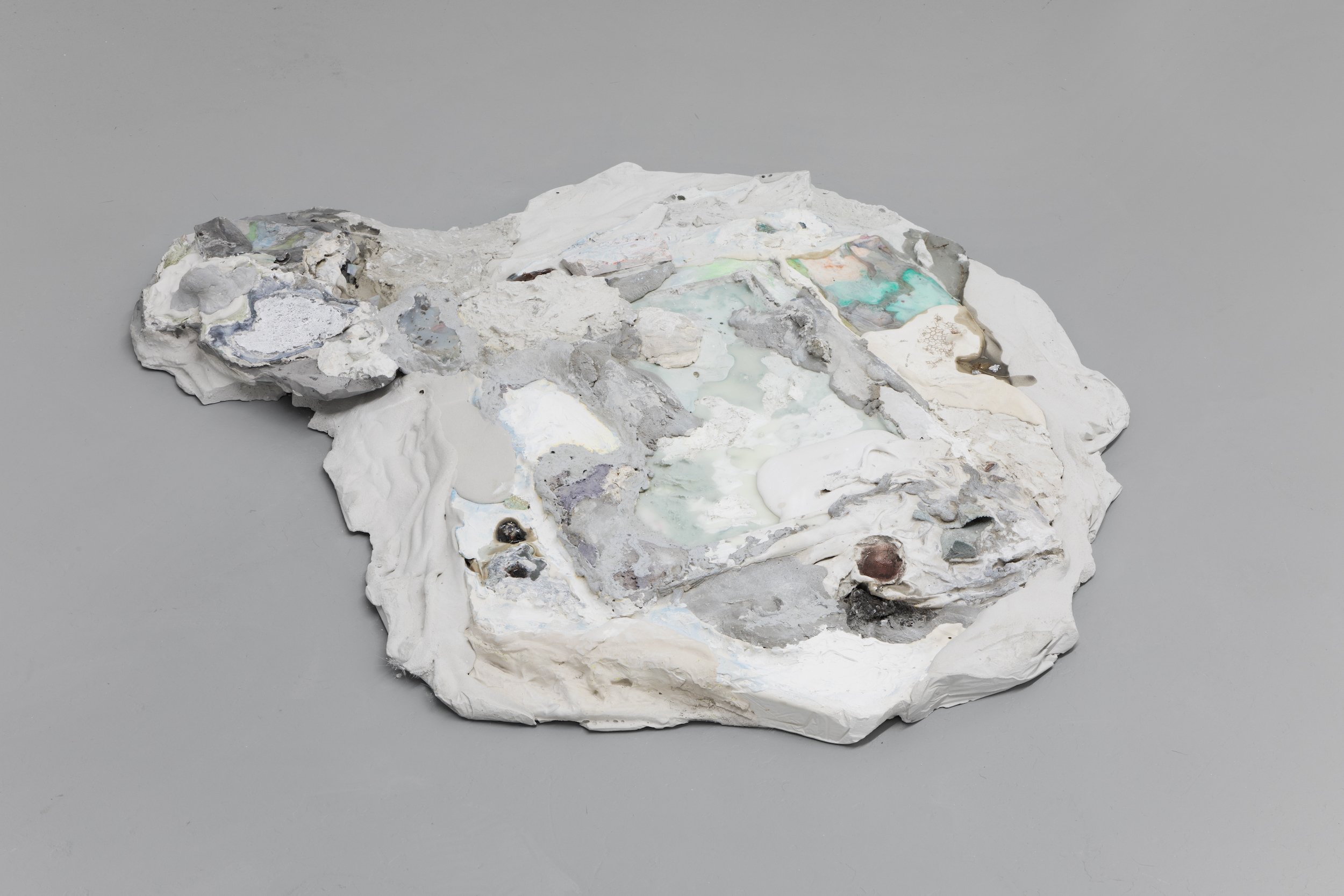  Laur P,  Us that were never down to earth, us who knew nothing of stasis , 2024, Painting from 2016 (oil on wood panel), watercolour, acrylic and aluminum leaf on paper, plaster, cement, paper pulp, dry pigments, epoxy resin, soy wax, unfired clay, 