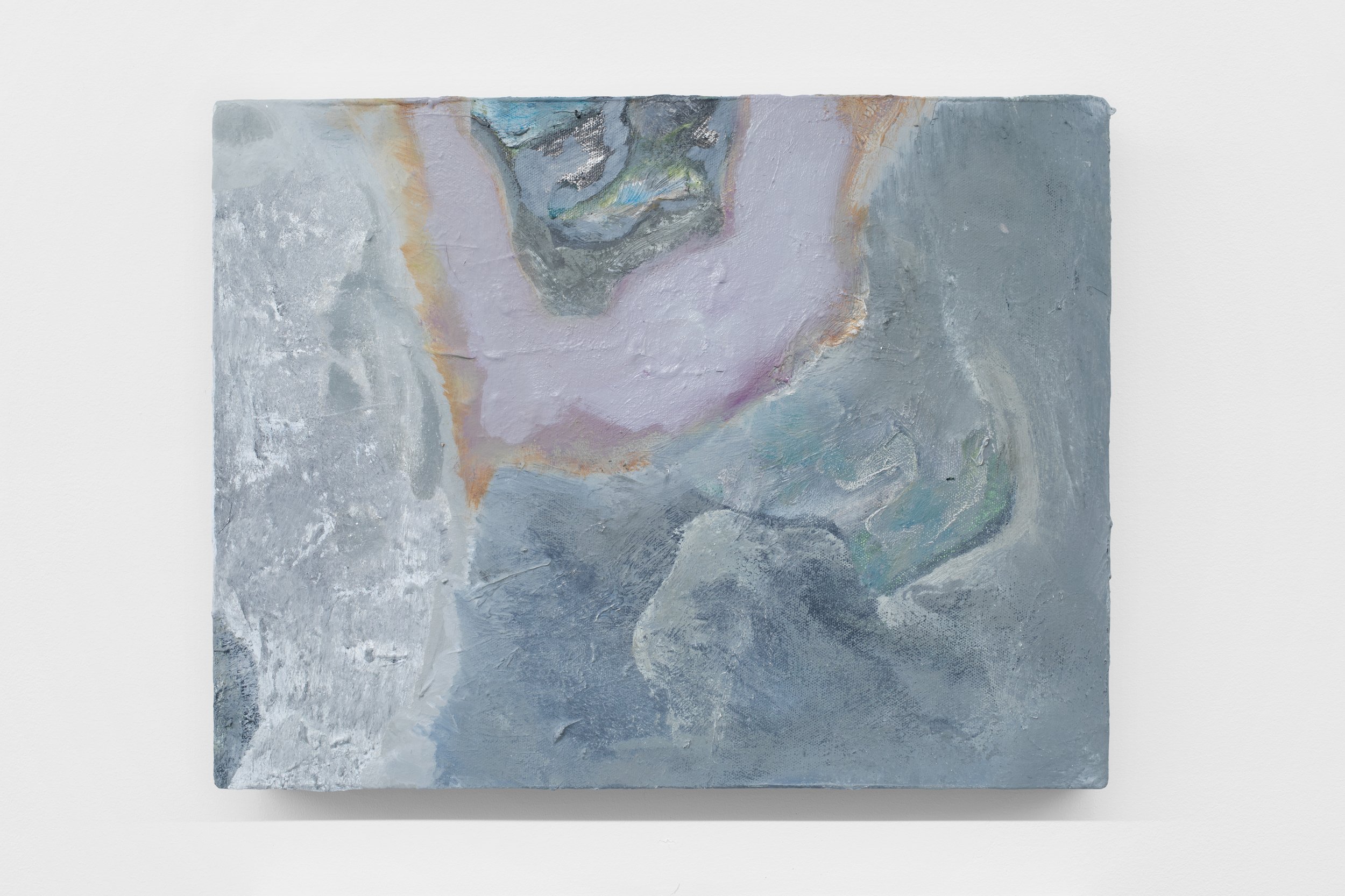  Laur P,  While the petric figure grows numb and the pool dries , 2024, Oil, acrylic, aluminum leaf, and oil-based adhesive on canvas over panel 40.6 x 30.5 cm (16 x 12 ") 