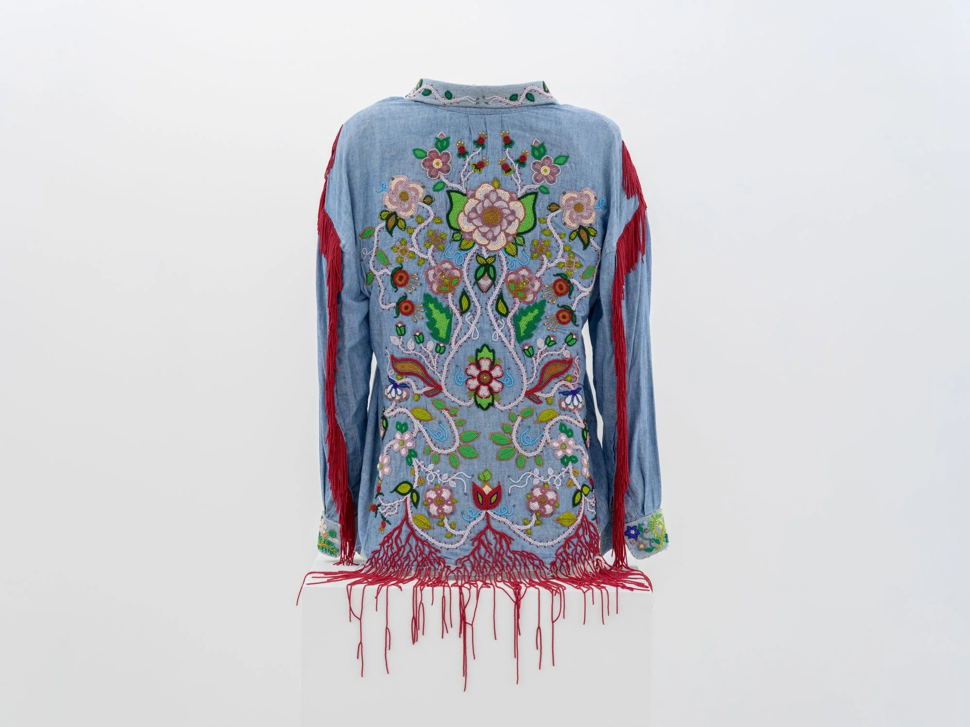 Haley Bassett,  Second Skin , 2020-2025, Vintage and contemporary seed beads, Levi's shirt, wire, sculpting mesh, beading foundation, thread, denim, 76.2 x 58.4 x 40.6 cm (30 x 23 x 16 ")