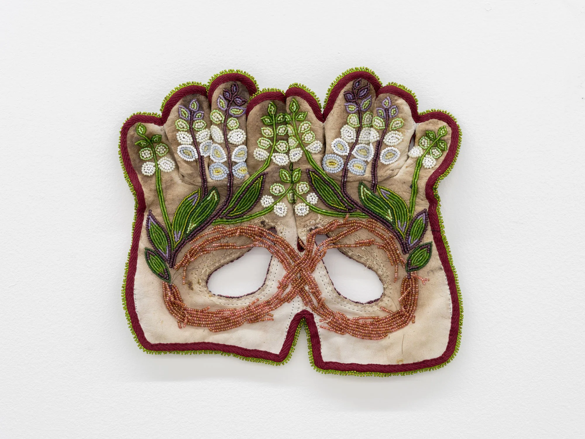 Haley Bassett,  Hunter-Seneca-Root-Gatherer , 2025, Worn work gloves, vintage and contemporary seed beads, cotton twill, imitation sinew, thread, cotton, 22.9 x 24.1 x 2.5 cm (9 x 9.5 x 1 ")