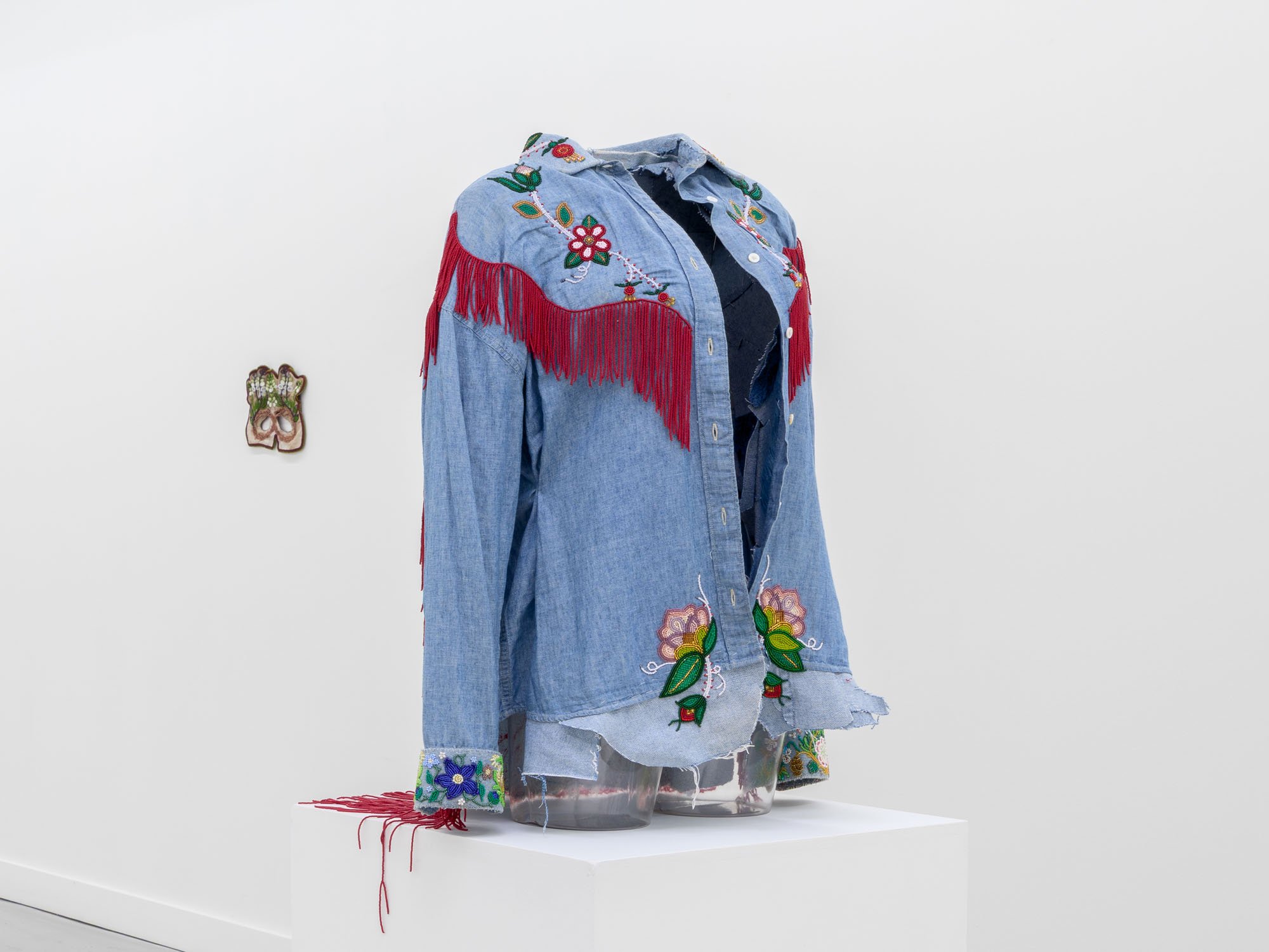 Haley Bassett,  Second Skin , 2020-2025, Vintage and contemporary seed beads, Levi's shirt, wire, sculpting mesh, beading foundation, thread, denim, 76.2 x 58.4 x 40.6 cm (30 x 23 x 16 ")