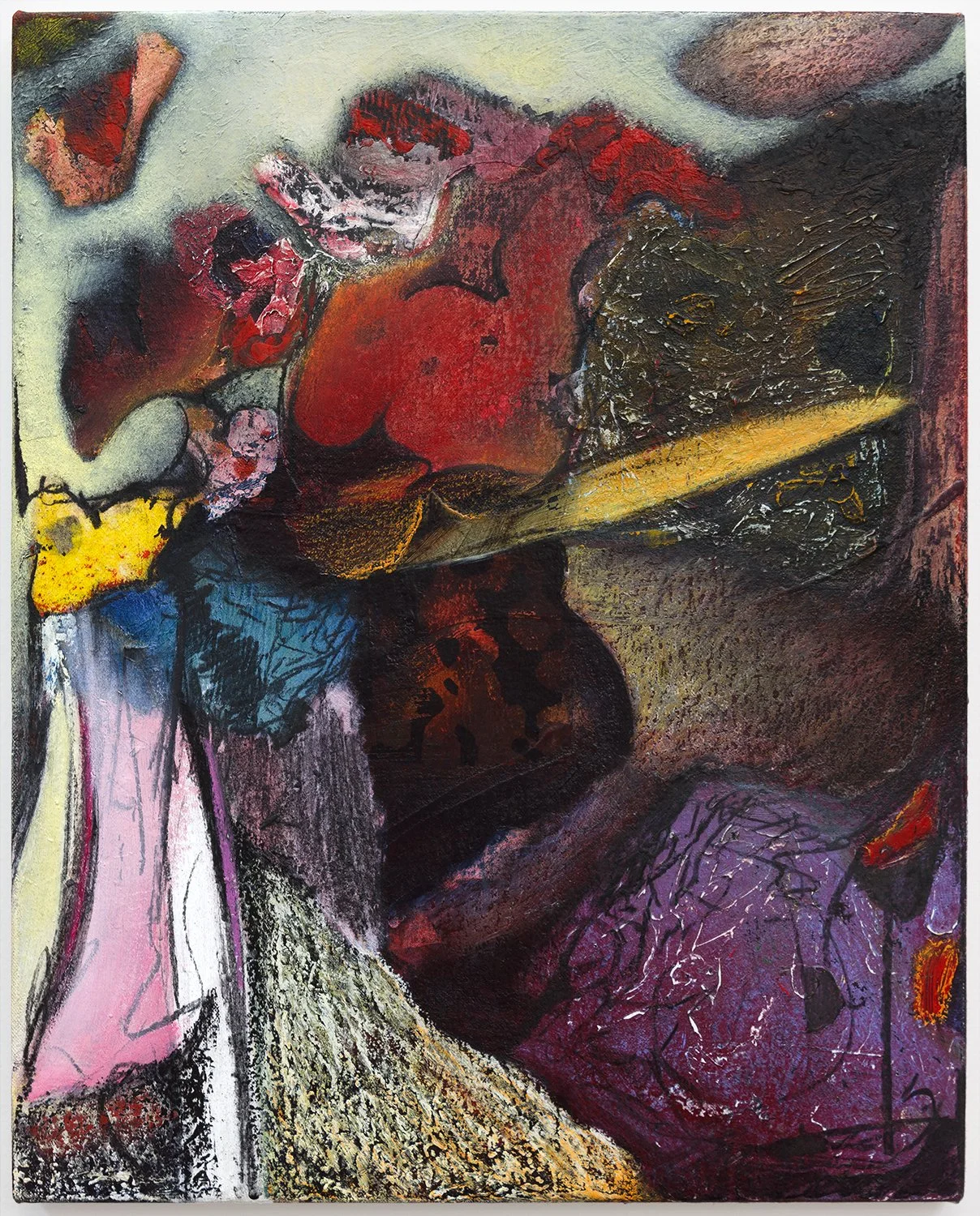  Laurent Le Bel-Roux,  Everything on Red , 2025, Acrylic, charcoal, pastel, watercolor, acrylic transfer, 44.5 x 35.6 cm (17.5 x 14 ") 