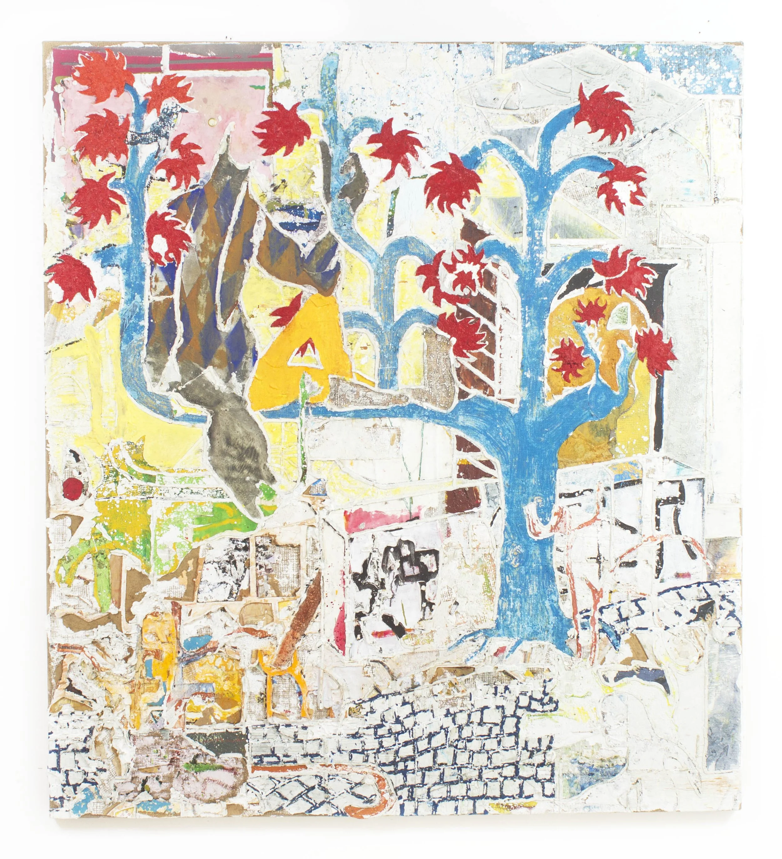  James Gardner,  (Towards the MooAcephalic Actaeonn Door) , 2025, Collaged oil, acrylic on burlap with gesso, residues of wood, fasteners, 183 x 165 cm (72 x 65 ") 