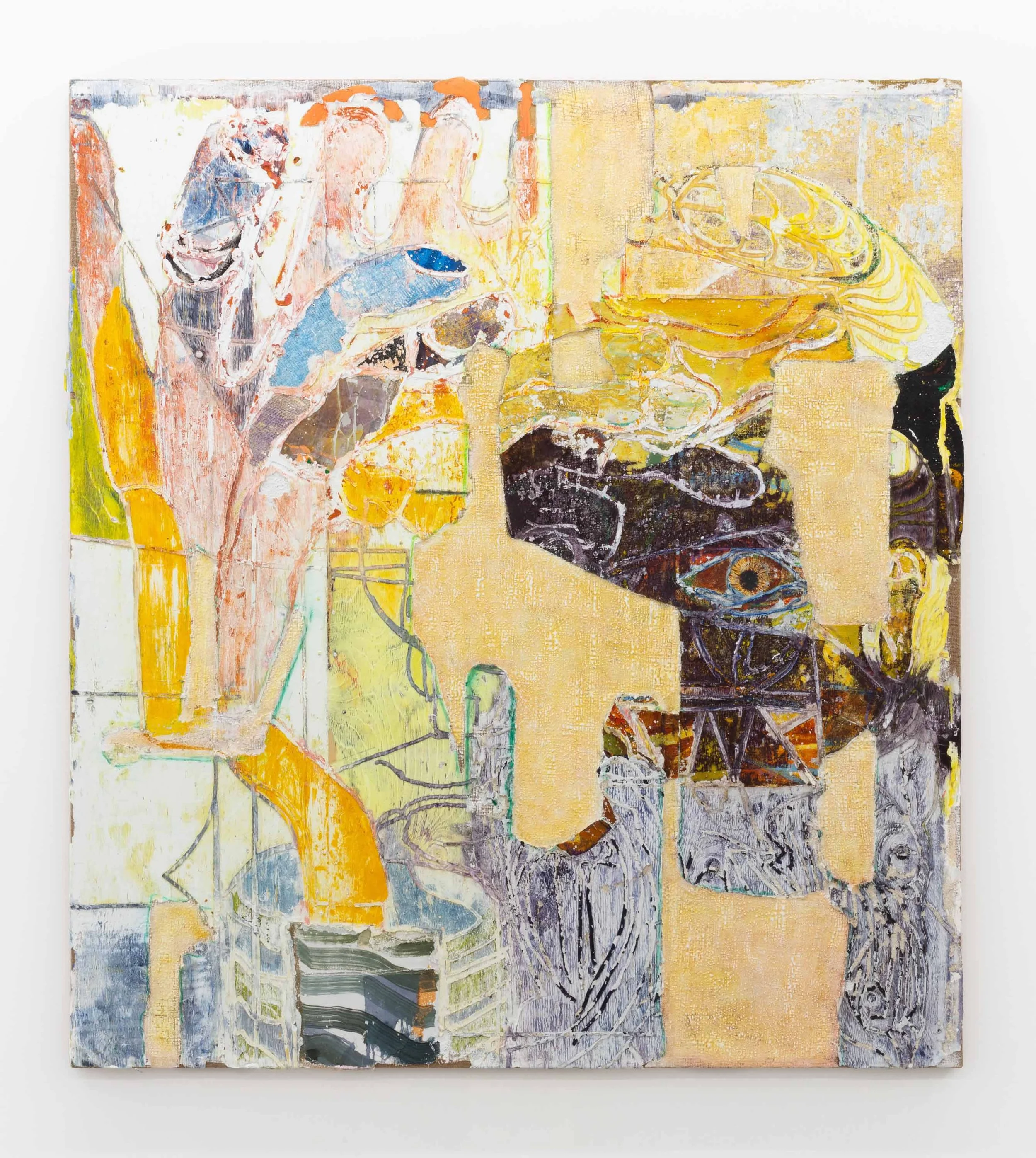  James Gardner,  Monk’s Head (Modestos) (Searching For Arms Redux) , 2025, Collaged oil, acrylic on burlap with gesso, 182.9 x 165.1 cm (72 x 65 ") 