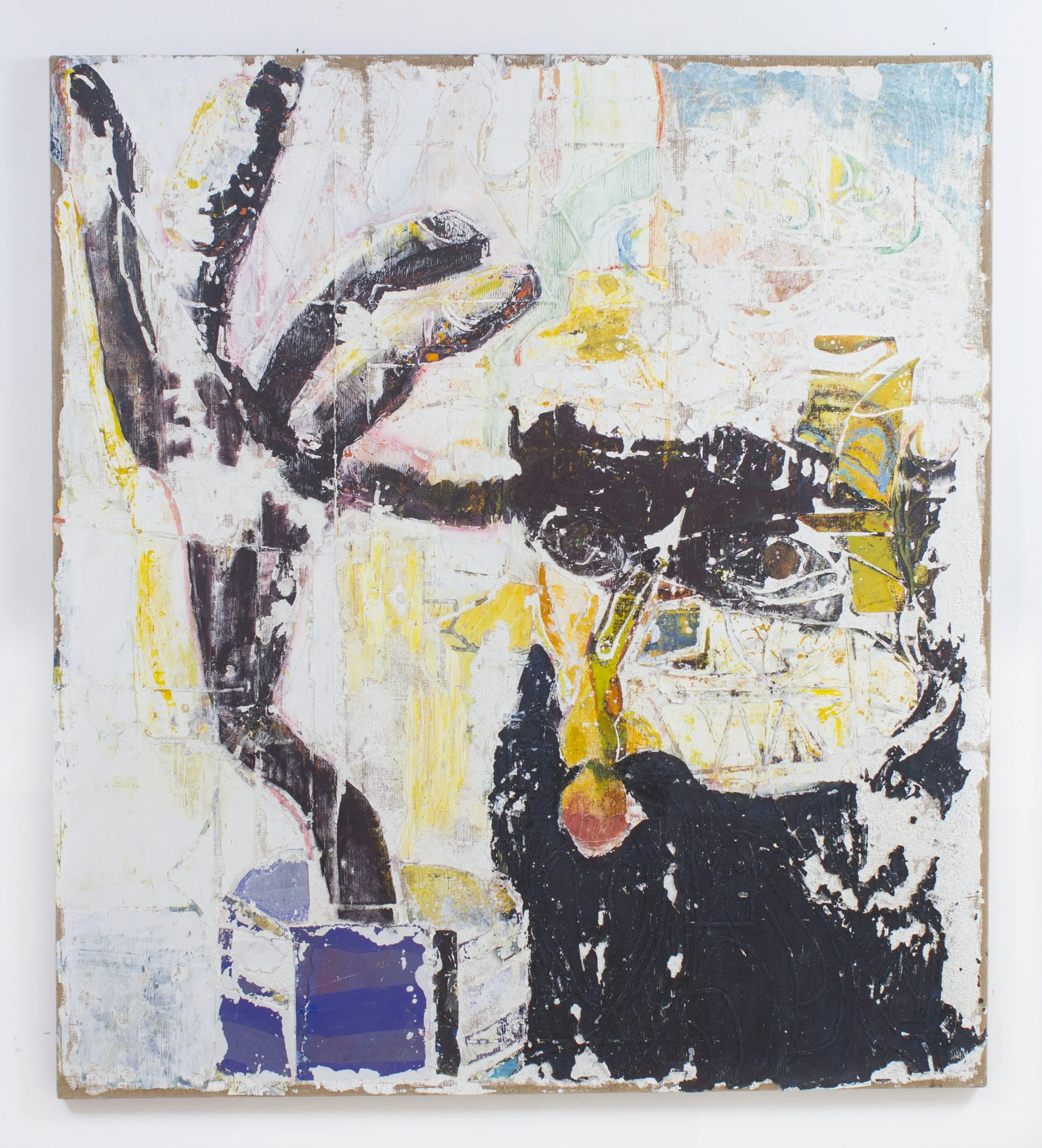  James Gardner   Monk’s Head (Saint Francis) (Searching For Arms Redux) , 2025, Collaged oil, acrylic on burlap with gesso, 182.9 x 165.1 cm (72 x 65 ") 