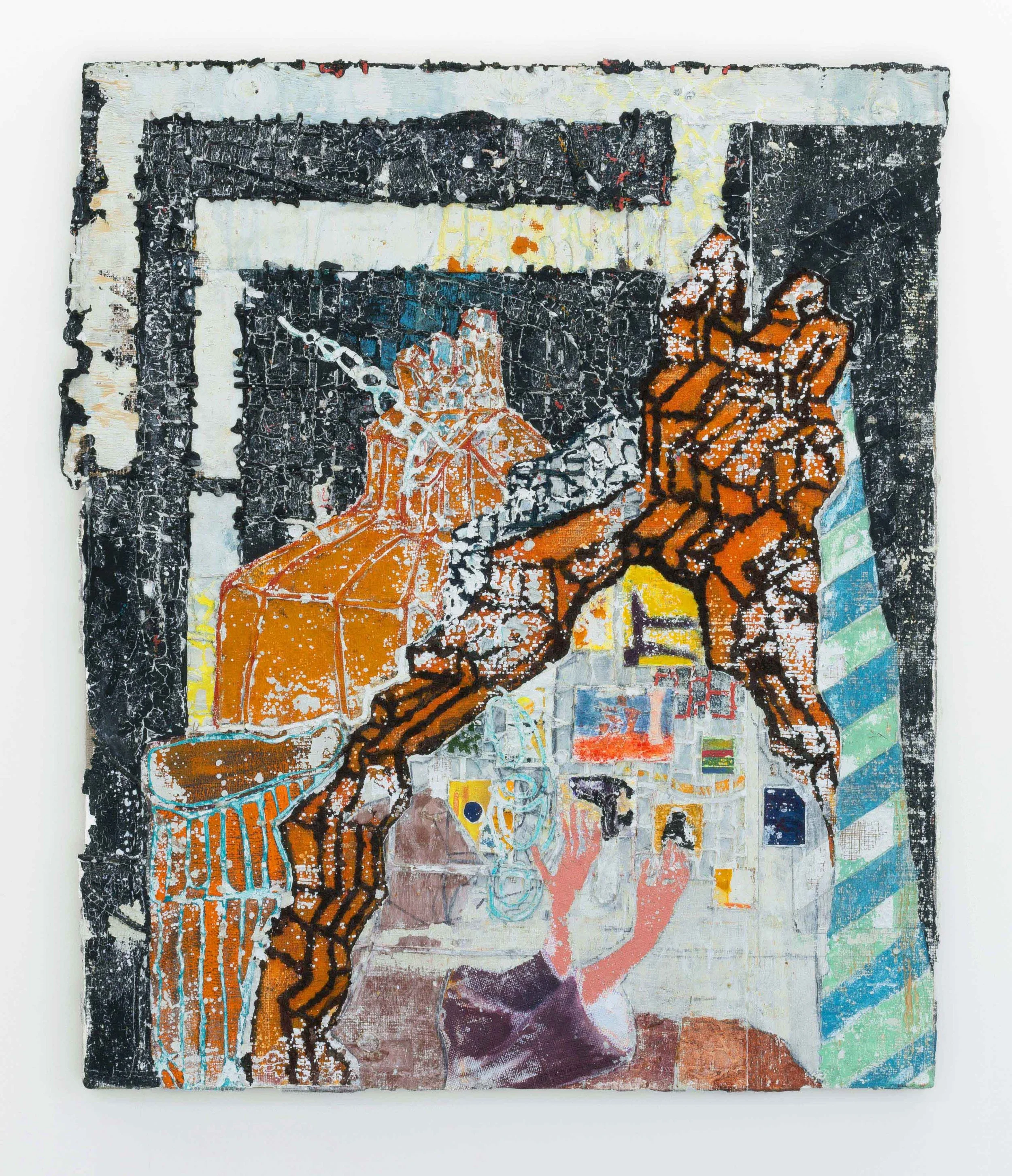  James Gardner,  Venerators , 2025, Oil and acrylic on burlap, 137.2 x 114.3 cm (54 x 45 ") 