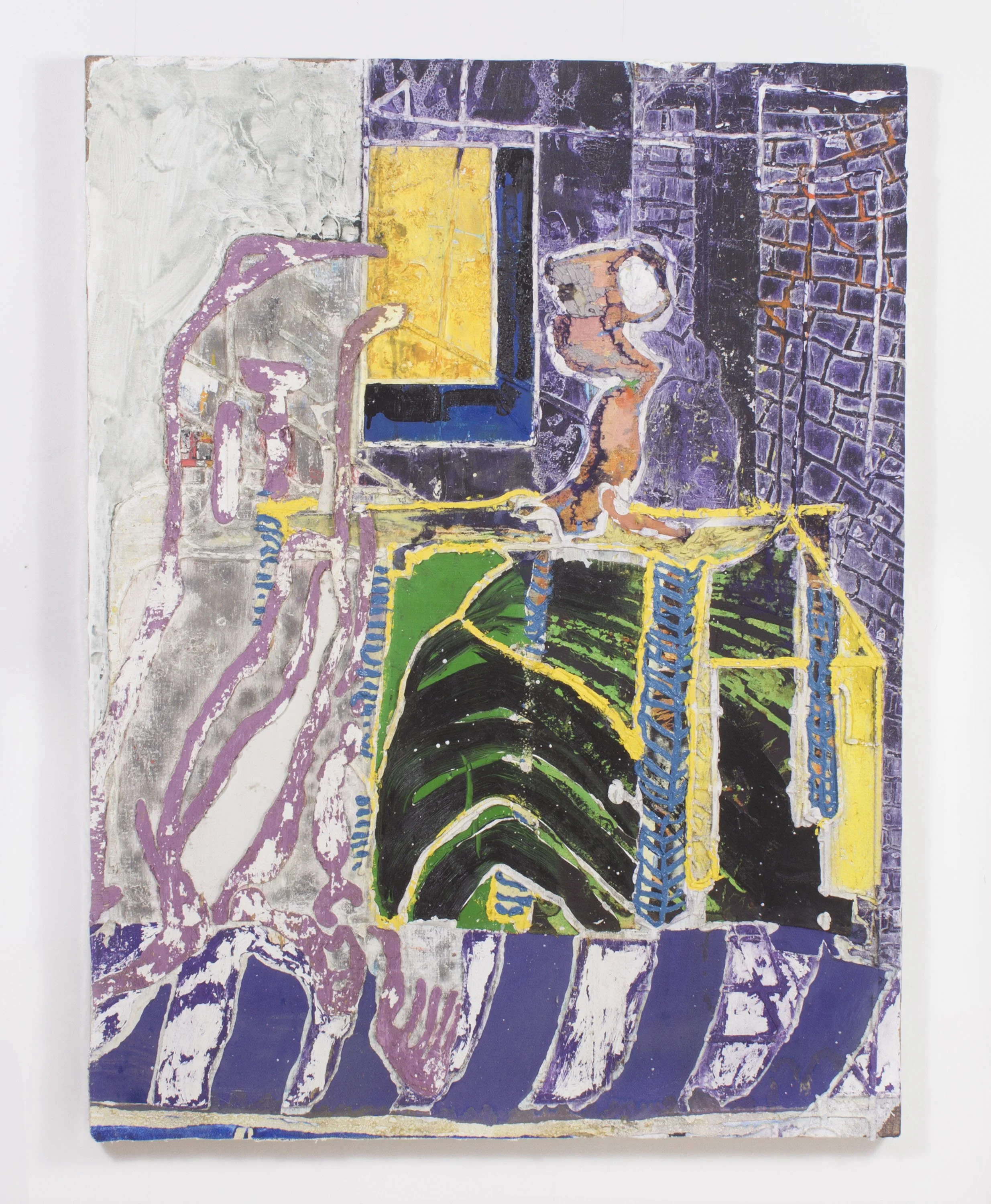  James Gardner,  Renderer (After Pollaiuolo) (Under the Abyss Redux) , 2025, Collaged oil, acrylic on burlap with gesso, fasteners, 114.3 x 88.9 cm (45 x 35 ") 