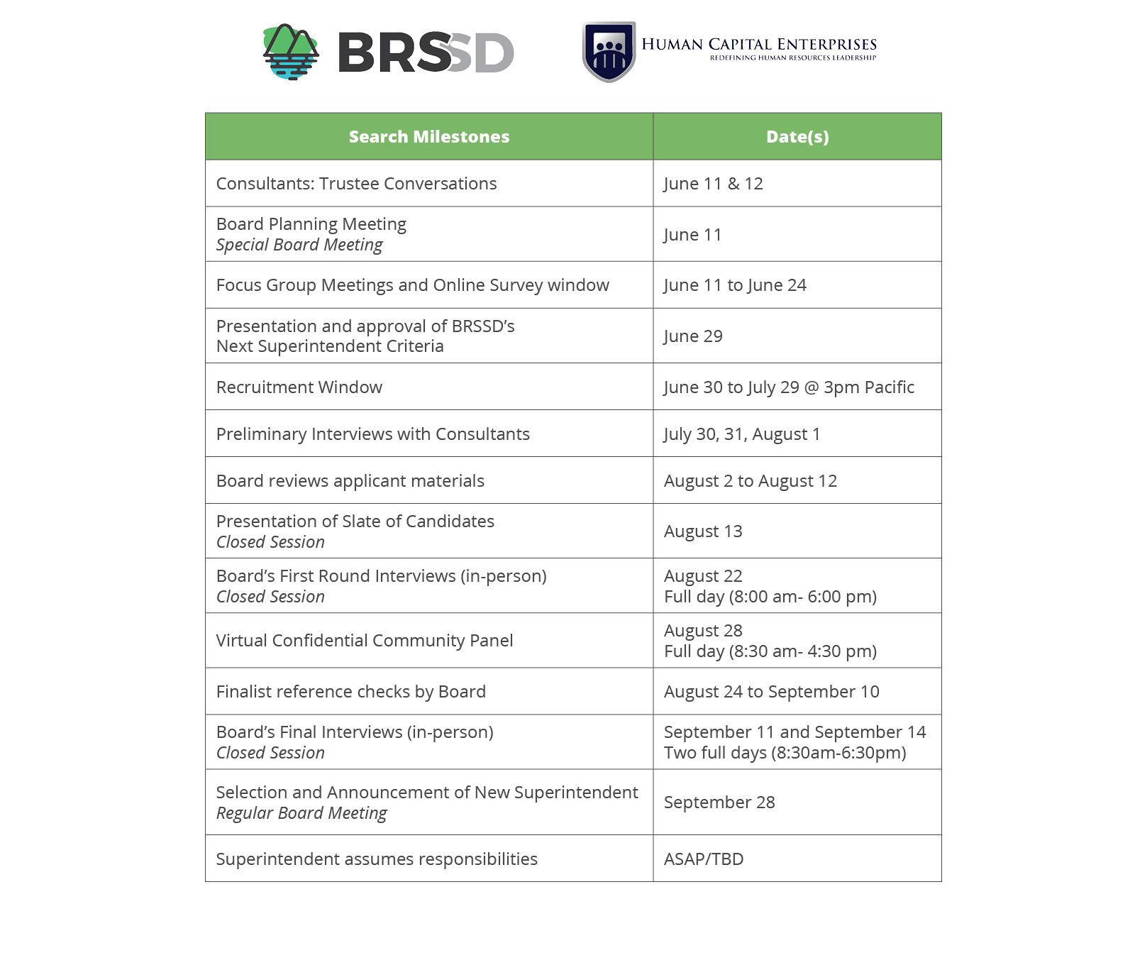 timeline of BRSSD superintendent search  2026