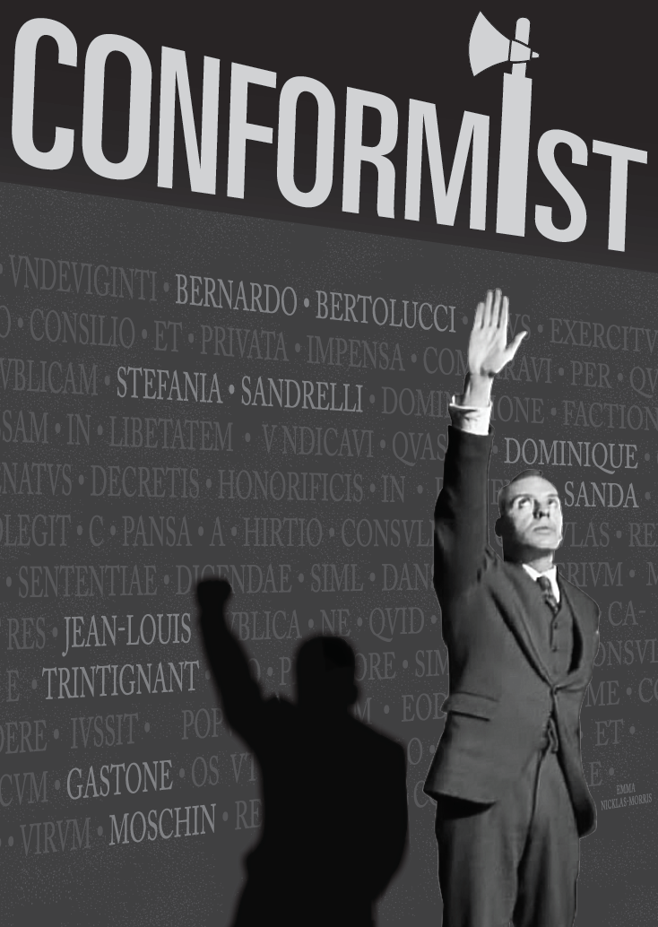 In this concept, I chose to use the main character, Marcello Clerici (Jean-Louis Trintignant) raising his hand in the fascist (Hitler) salute. I changed his shadow to be a fist to represent the anti-fascist. This shows his indecisiveness and how he …