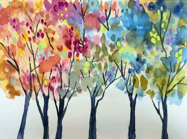 Vibrant Watercolor Treescape Original Painting