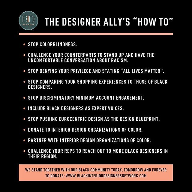 We stand with the @blackinteriordesignersnetwork and encourage our design industry friends to do the same. We are stronger together. See the link in our bio to take action by donating to these invaluable members of our community! I am a #BIDNAlly