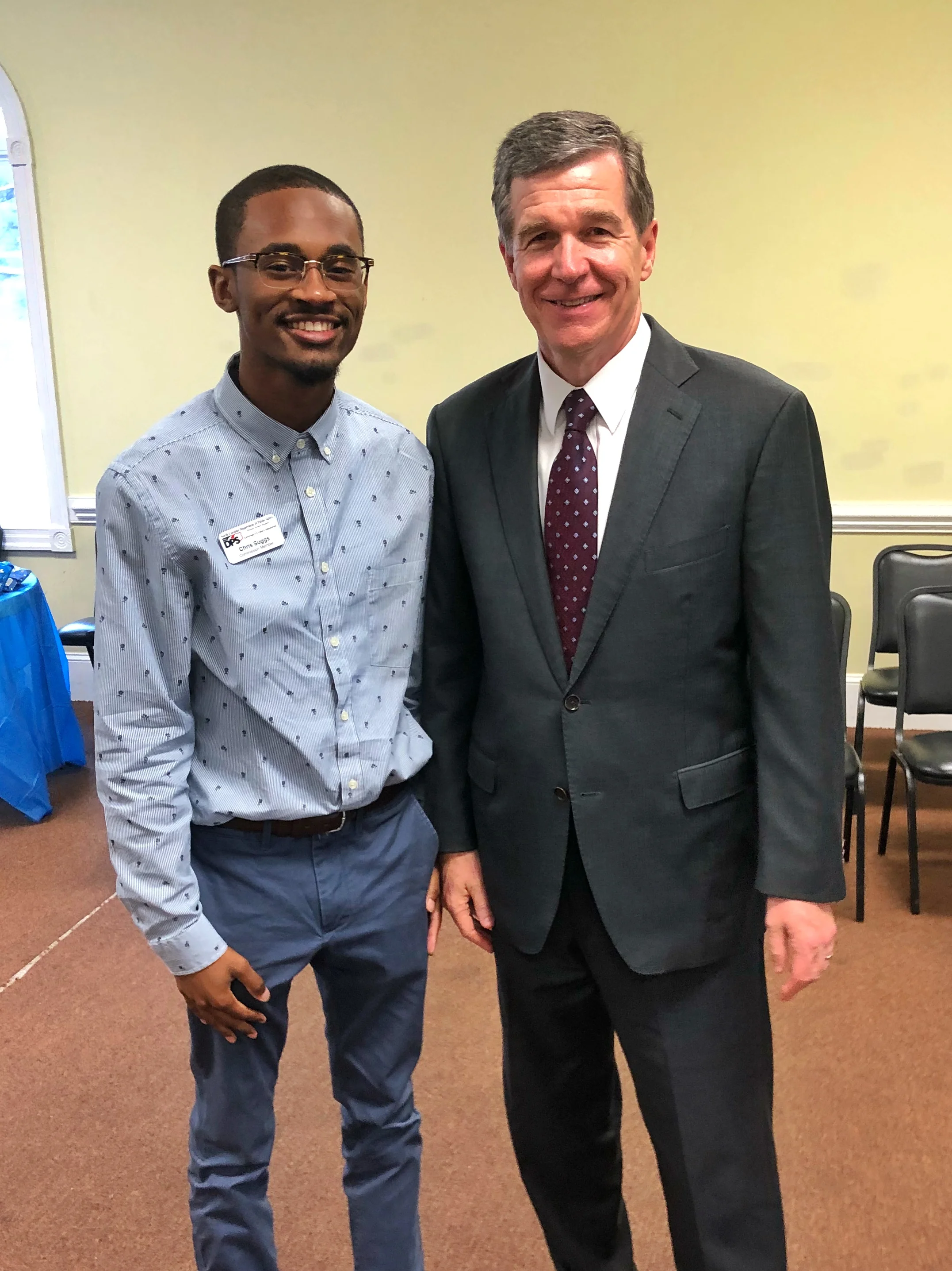 Suggs and Governor Roy Cooper at an event in Snow Hill, North Carolina on August 14.