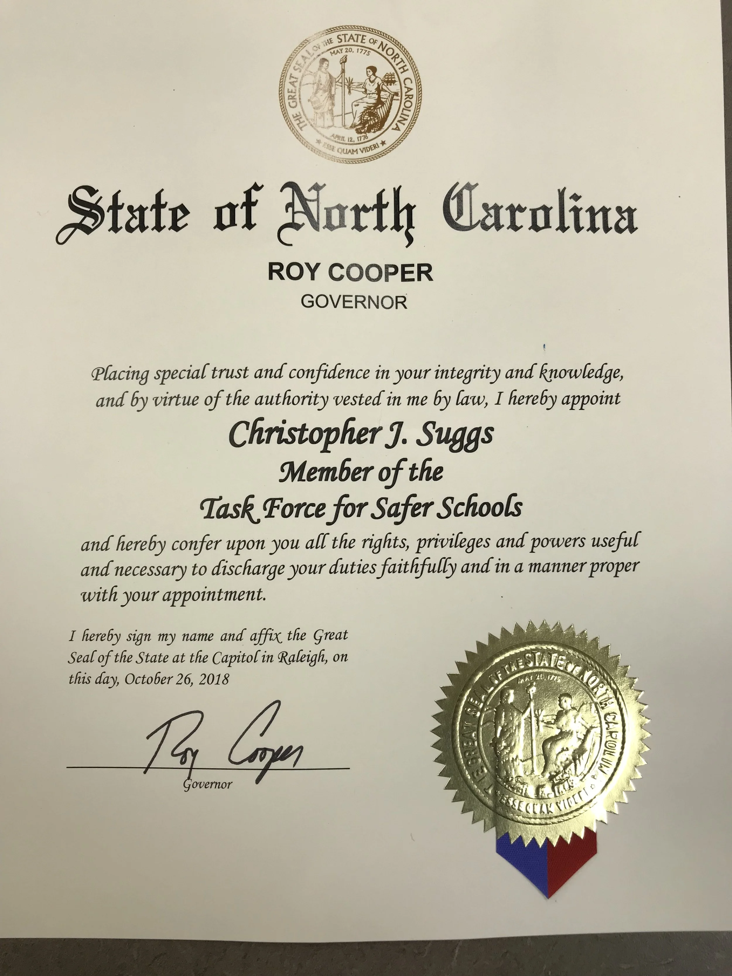 Suggs appointed to Governor's Task Force for Safer Schools