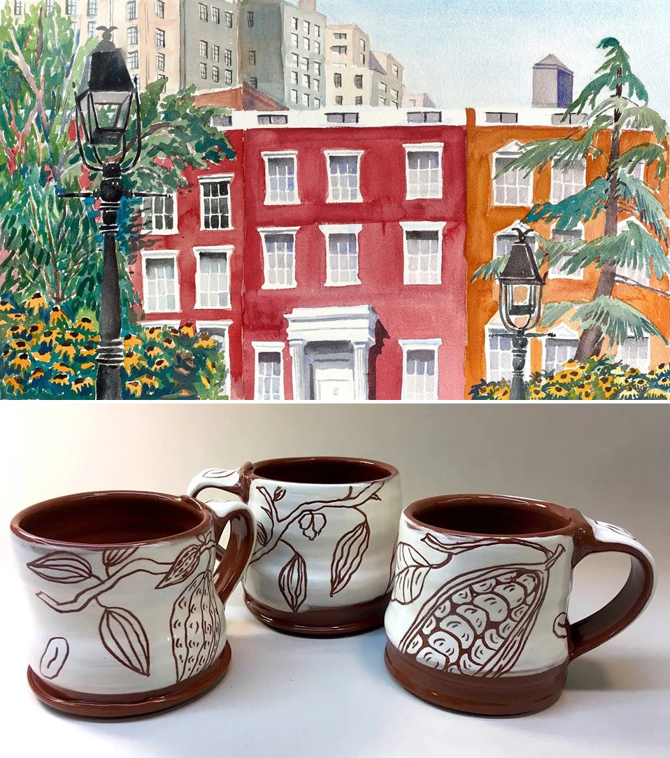 Susan Greenstein, watercolor (top) and Caryn Kreitzer, ceramics (bottom)