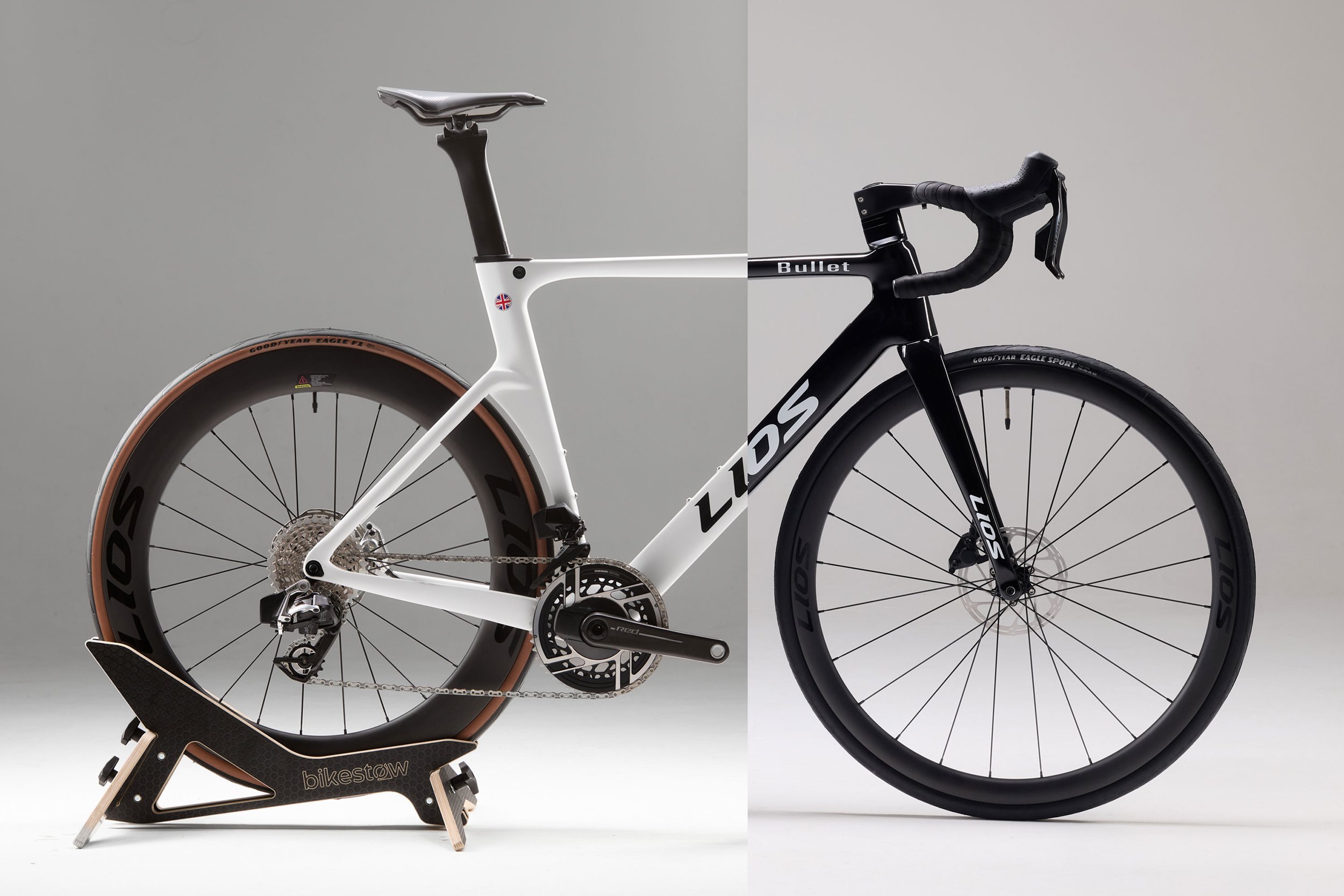 Split studio image showing LIOS Exactor aero road bike (left) and LIOS Bullet 5.56 endurance road bike (right) side by side.