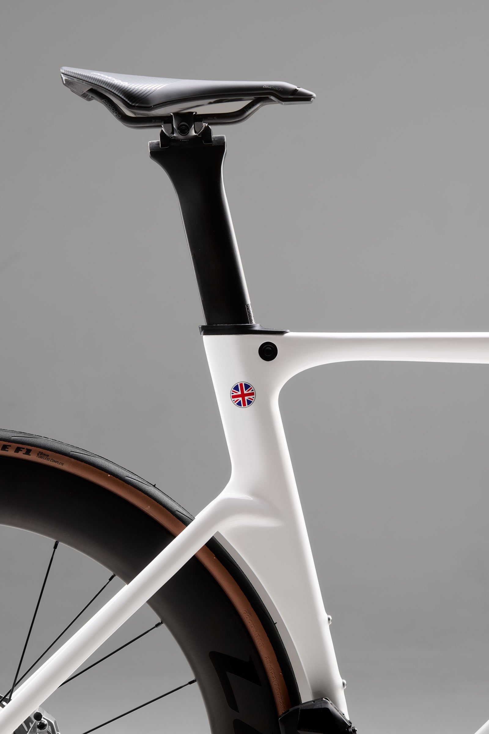 Close up of LIOS Exactor aero road bike showing aero tube shaping around the top tube, seat tube and rear stay interface.